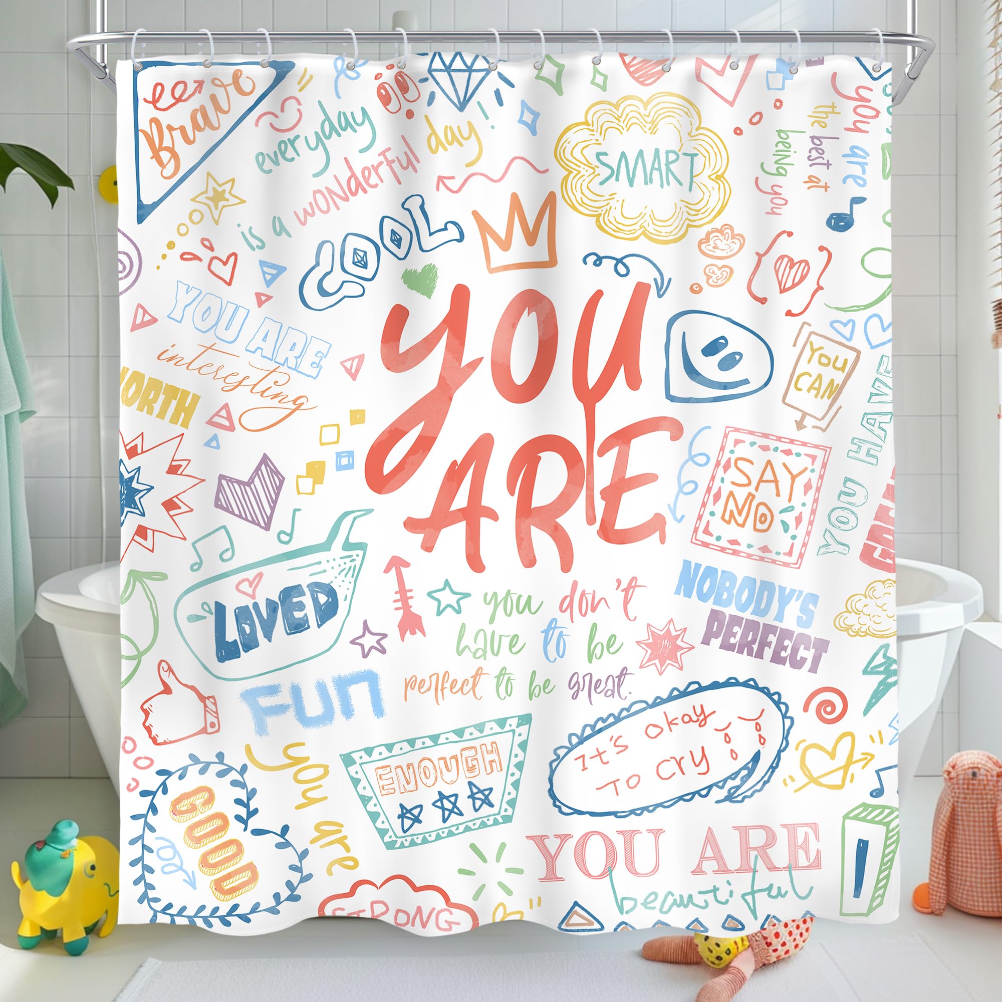 AMBZEK Kids Inspirational Quotes Shower Curtain 60Wx72L Inch Teens You are Motivational Abstract Funny Colorful Graffiti Artwork Cloth Fabric
