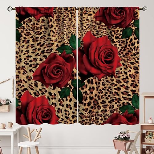 Cortinas opacas de flores de leopardo y rosas rojas, estampado floral de animales salvajes, patrón de piel, cortina opaca con bolsillo para barra,
