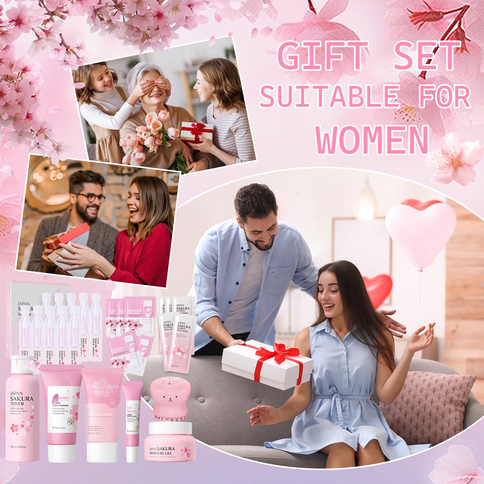 26 Piezas Set de Cuidado Facial Sakura, Sakura Set de Cuidado de la Piel | con Limpiador Facial/Tónico/Esencia/Dispositivo de Limpieza/Mascarilla, Etc.Kits De Cuidado Facial para Niñas y Mujeres