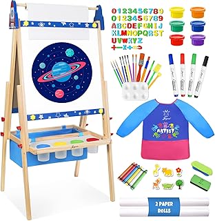 Joyooss Art Easel for Kids, Adjustable Standing Kids Easel with Magnetic Whteboard & Chalkboard, Bonus 98+ Art Supplies Child's Easel with 2 Paper Rolls, Finger Paints, Letters & Numbers Magnets