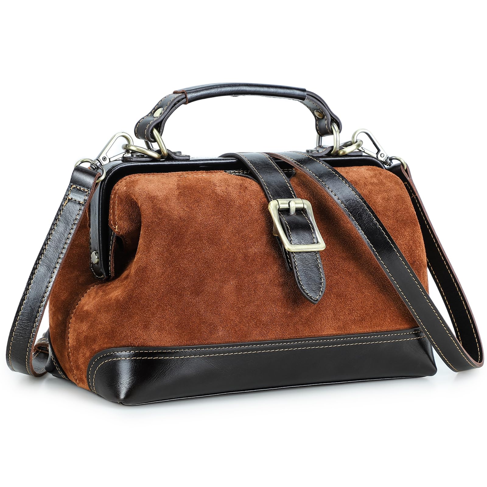 CONTACTS Bolso de mano con asa superior para mujer, de cuero de grano completo, bolso de mano, bolso de hombro, bolso de mano vintage con cierre de metal y apertura de marco