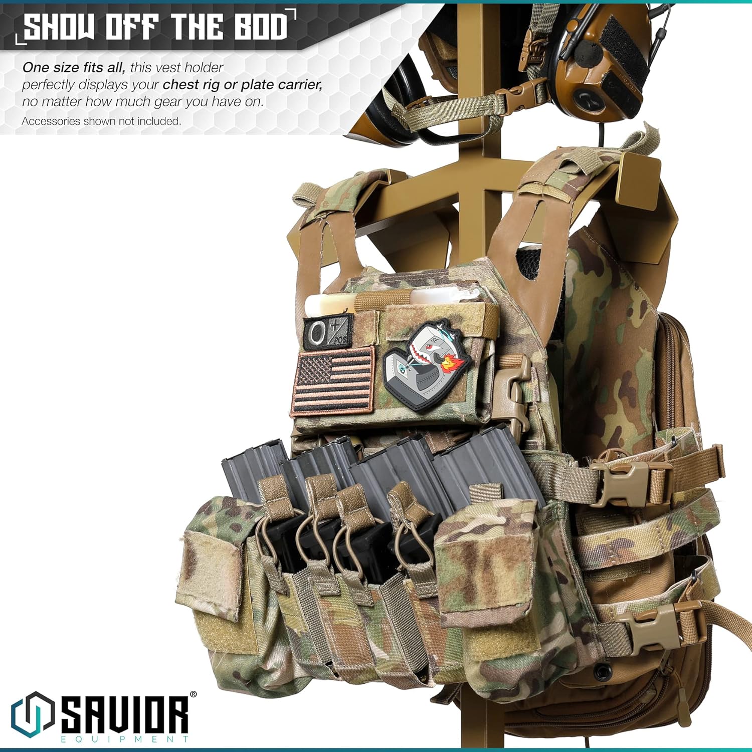 Savior Equipment H.P.C Tactical Gear Stand Tabletop Helmet Vest Display Rack, Military Gear Holder Plate Carrier Indoor Home Garage Free-Standing Organizer, Heavy Duty Steel Hold Up to 70 lbs