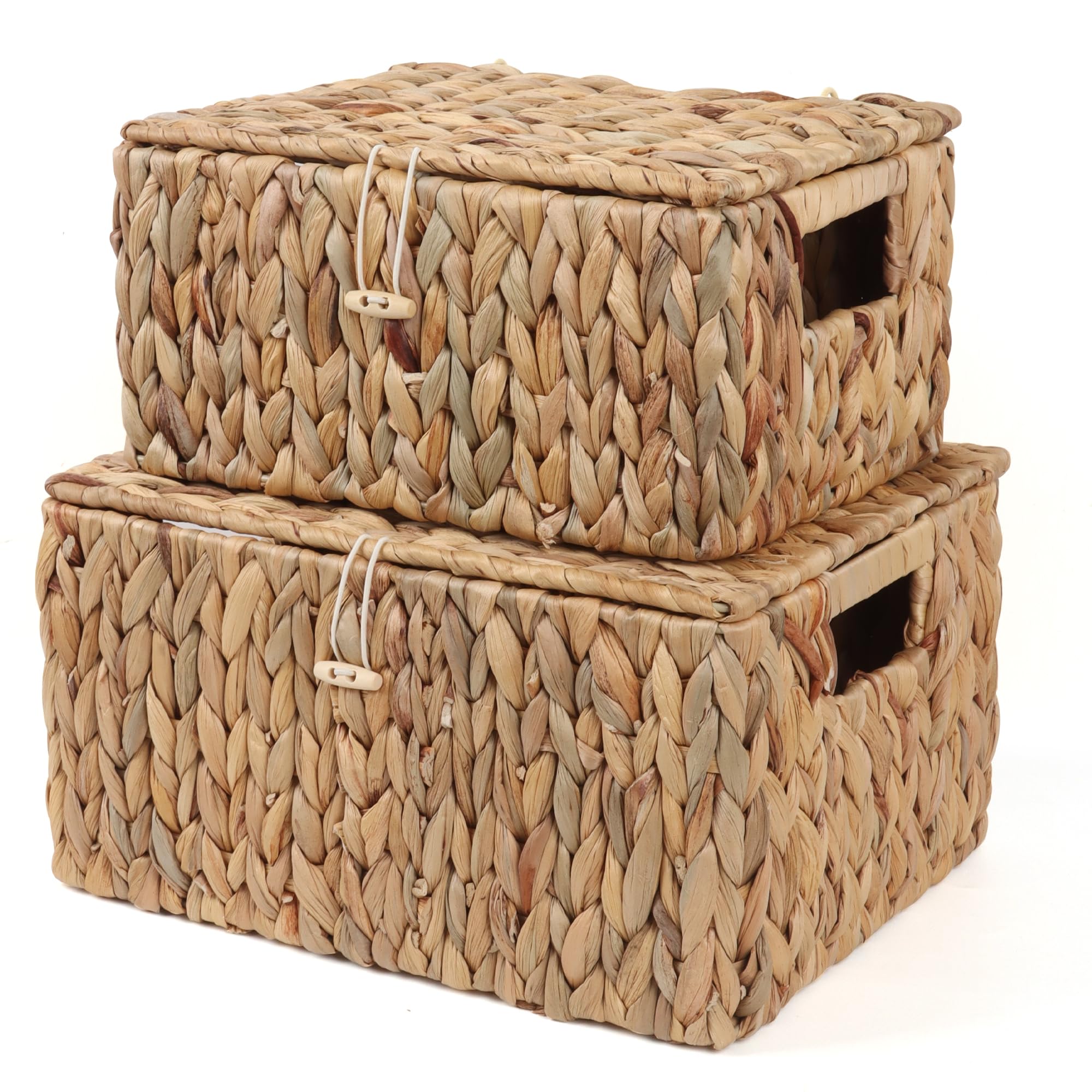 Moosky Canastas de mimbre con tapa, cestas de almacenamiento rectangulares con asas, tejidas a mano, organizador de escritorio para el hogar, cajas de decoración (natural, 11.2 x 8.2 x 5.7 pulgadas +