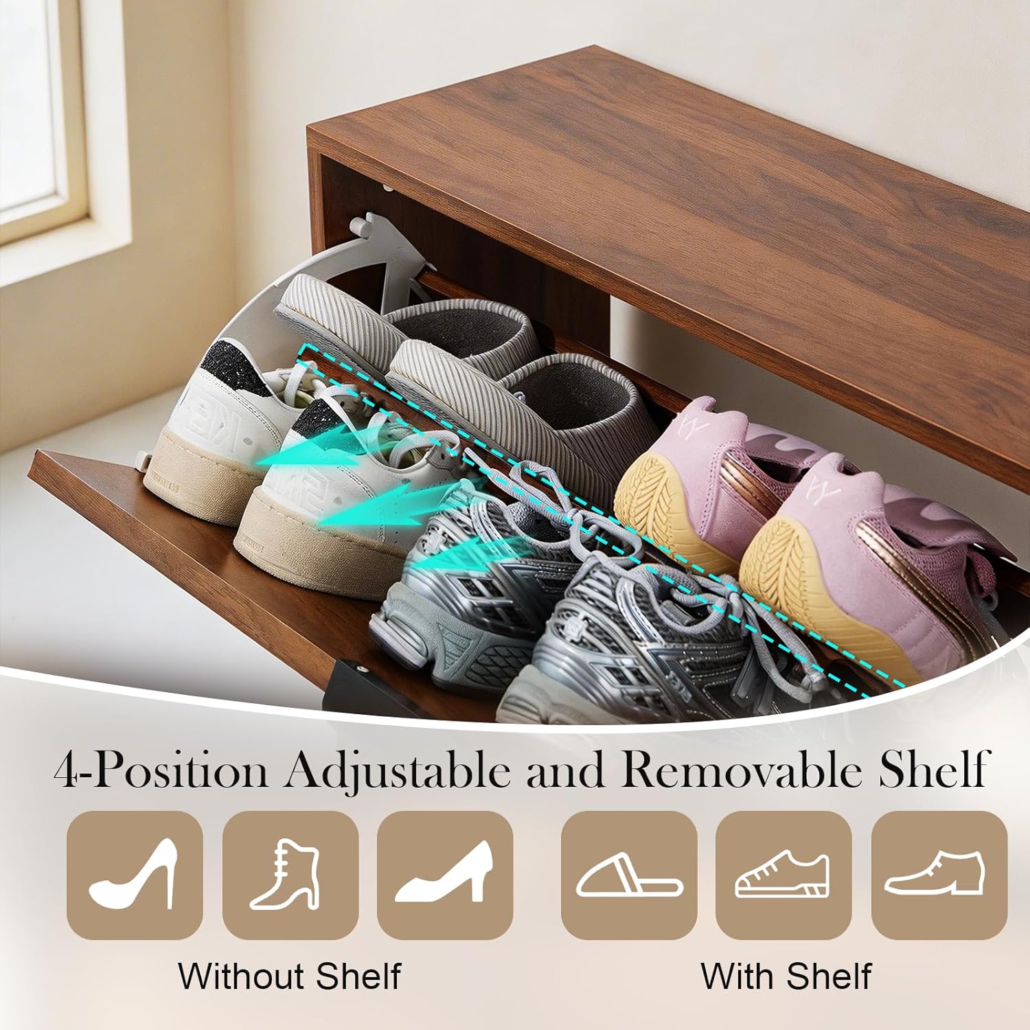 31.5'' Narrow Shoe Storage Cabinet for Entryway Shoe Rack Cabinet with 2 Flip Drawers, Wood Slim Shoe Organizer with Fluted Panel for Foyer, Hallway, Living Room, Walnut