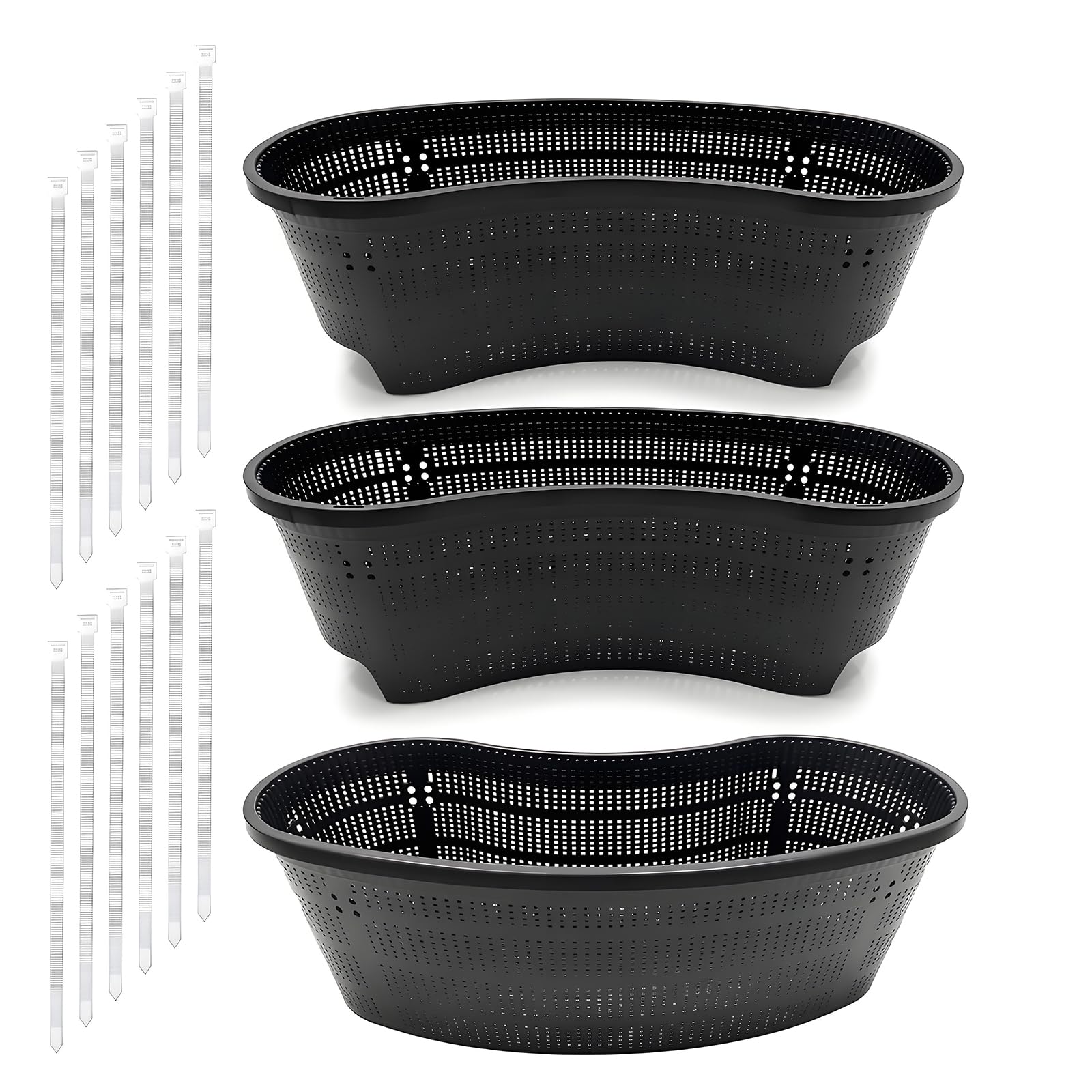 FEZEDA 3 Pack 18 Inch Kidney Shaped Pond Plant Baskets, Slotted Mesh Aquatic Pots for Water Lily, Hydroponics & Water Gardens, with Nylon Cable Ties