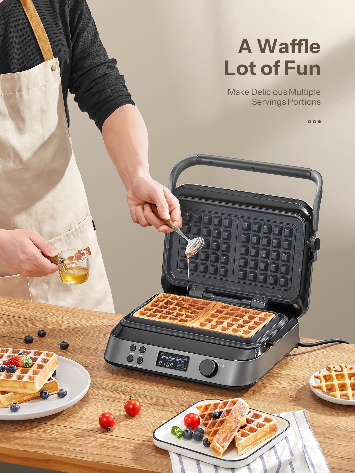 Waffeleisen 1600W, Doppelwaffeleisen für Belgische Waffeln, 5 Programme, 7 Bräunungsstufen, Steuerung über LCD Display, Timer, Praktische Überlaufrille, Edelstahl (Black)