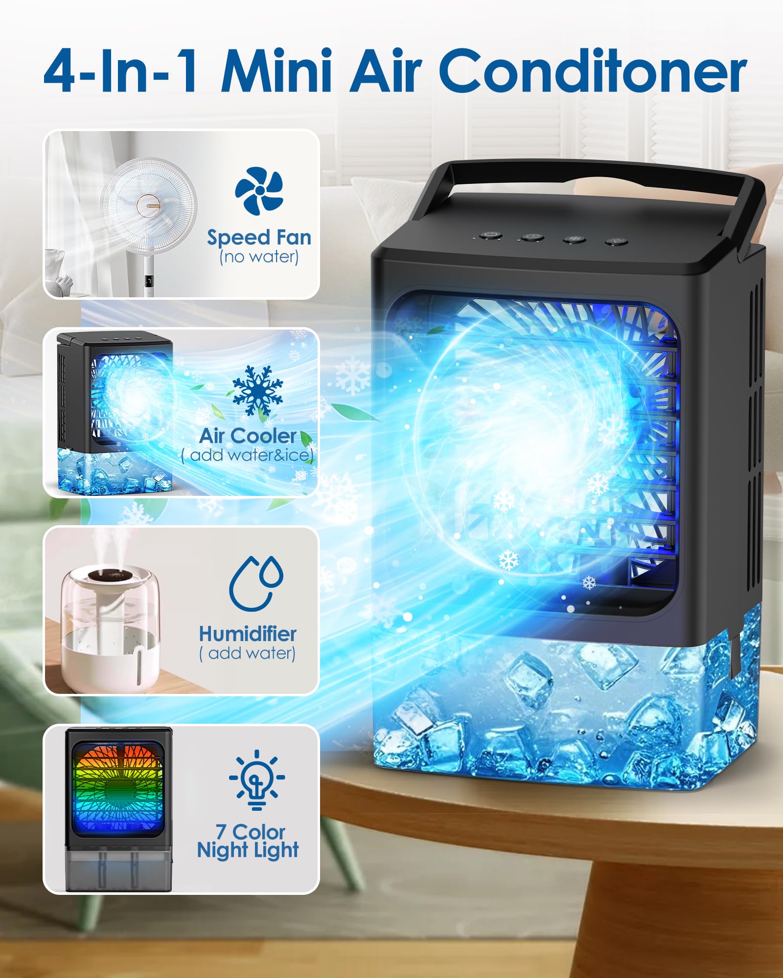 Aire acondicionado portátil, pequeño ventilador de aire acondicionado portátil, mini enfriador evaporativo silencioso con asa