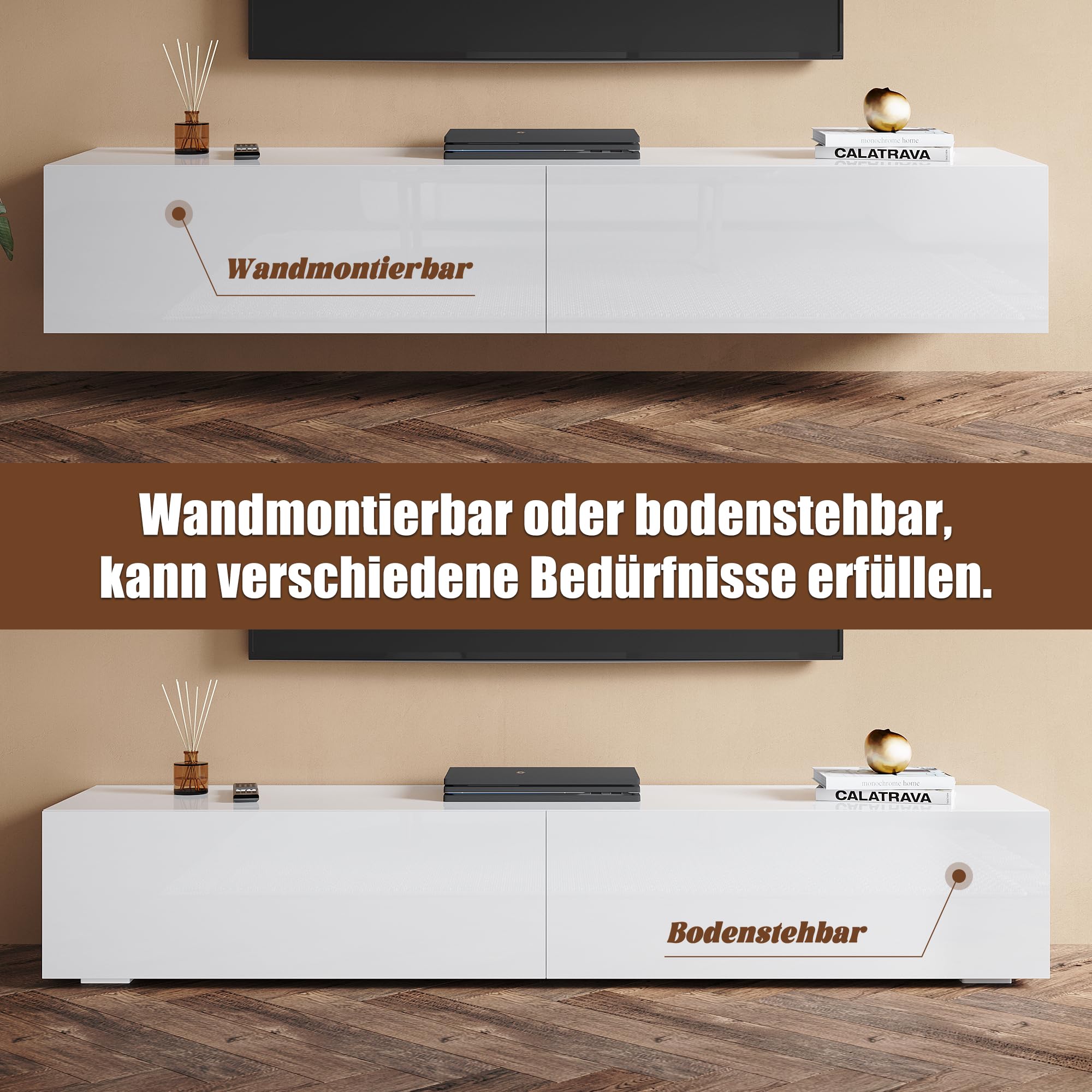 Mueble de TV colgante de 160 cm, moderno, mueble bajo para TV, color blanco, brillante, armario de pared, armario colgante moderno, muebles de salón, 160 x 40 x 30 cm