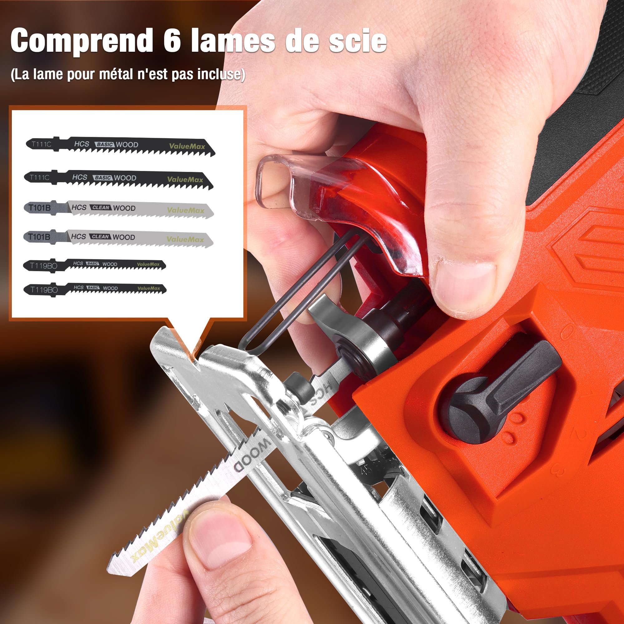 ValueMax 850W Scie Sauteuse, Vitesse réglable de 800 à 3000 SPM, 6 Vitesses, 4 Modes de Coupe, Coupe en Biseau à±45°, Fonction soufflerie, 6 Lames, Lampe LED, Idéale pour Bois, Métal et Plastique