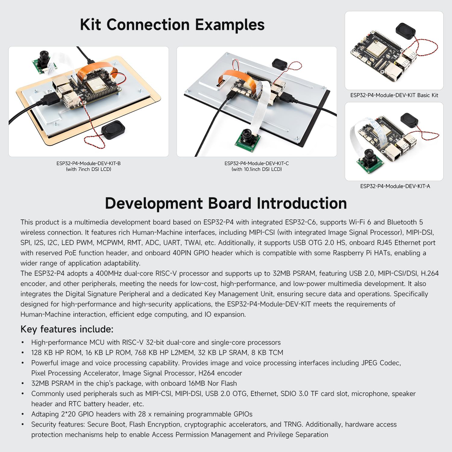 Waveshare ESP32-P4-Module-DEV-KIT-A, ESP32-P4-Module High-Performance Development Board, Based On ESP32-P4 & ESP32-C6, Supports Wi-Fi 6 & BT 5/BLE, with Speaker & RPi Camera (B)