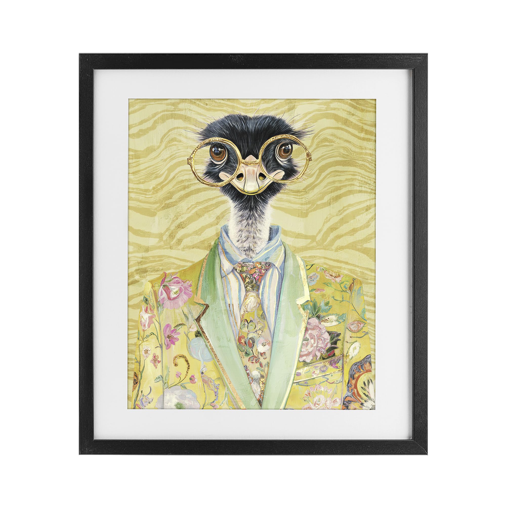 Stupell Industries Midnight Black (Textured) 'Dandy Ostrich Portrait'| Framed Print Under Glass
