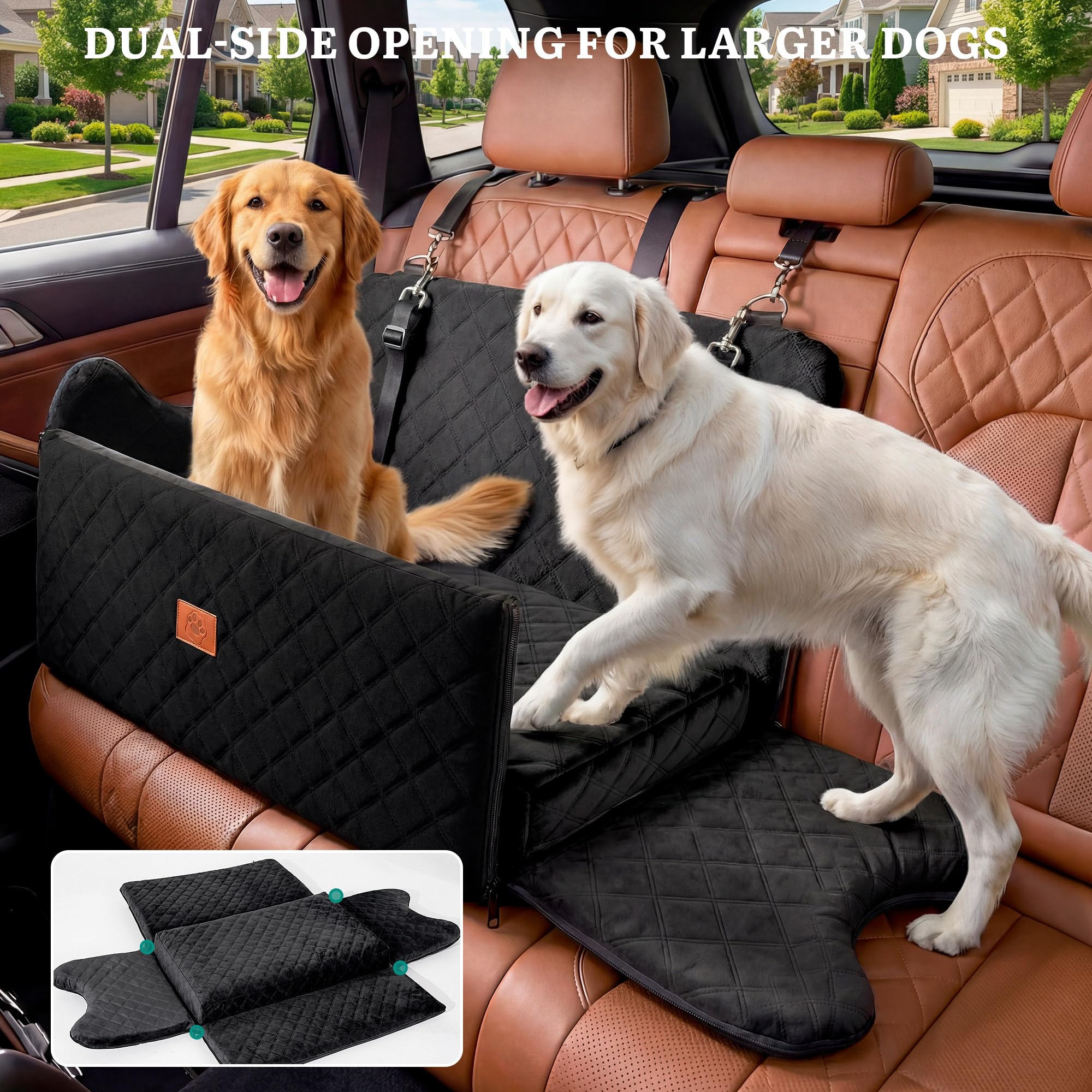 YITAHOME Hundesitz für große und mittelgroße Hunde,Reisebettb Haustiere mit Memory Schaumstoff unter 55 lbs Sitzhöhe 4,3",zwei seitliche Aufbewahrungstaschen, rutschfestes, 2 Sicherheitsgurte(Schwarz)