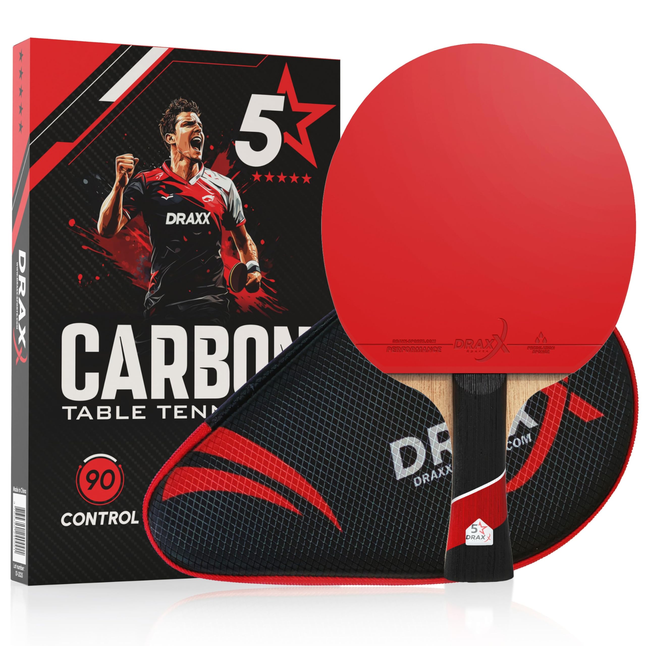 DRAXX Sports Pala Ping Pong Carbon | Raqueta de Carbono Profesional para un Control inigualable, Giro y Potencia, Ultra Ligera, Esponja de 2 mm y Revestimiento de Alto Rendimiento - 1