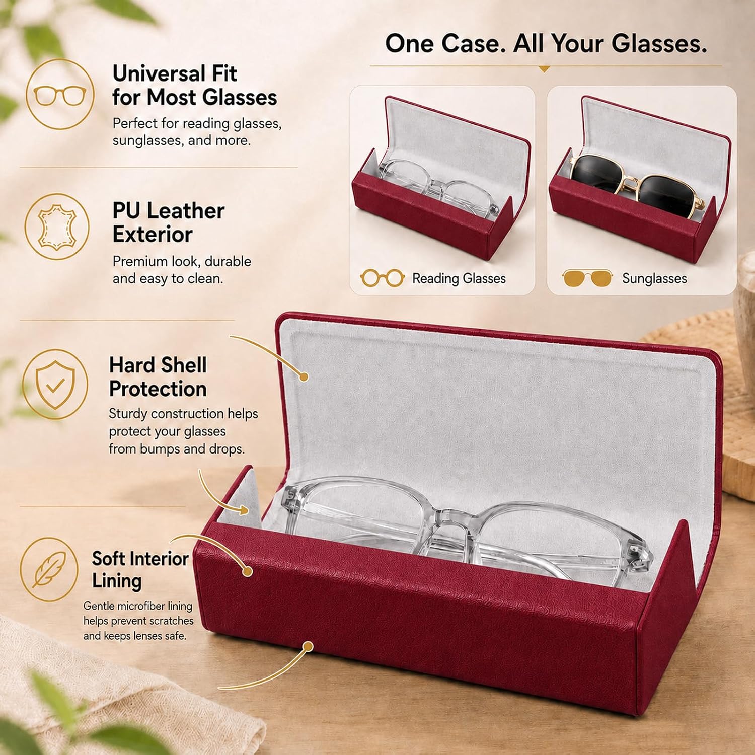Double Sided Glasses Case Hard Shell,Sunglasses Case & Eyeglass Case with Cleaning Cloth & Storage Pouch image 2