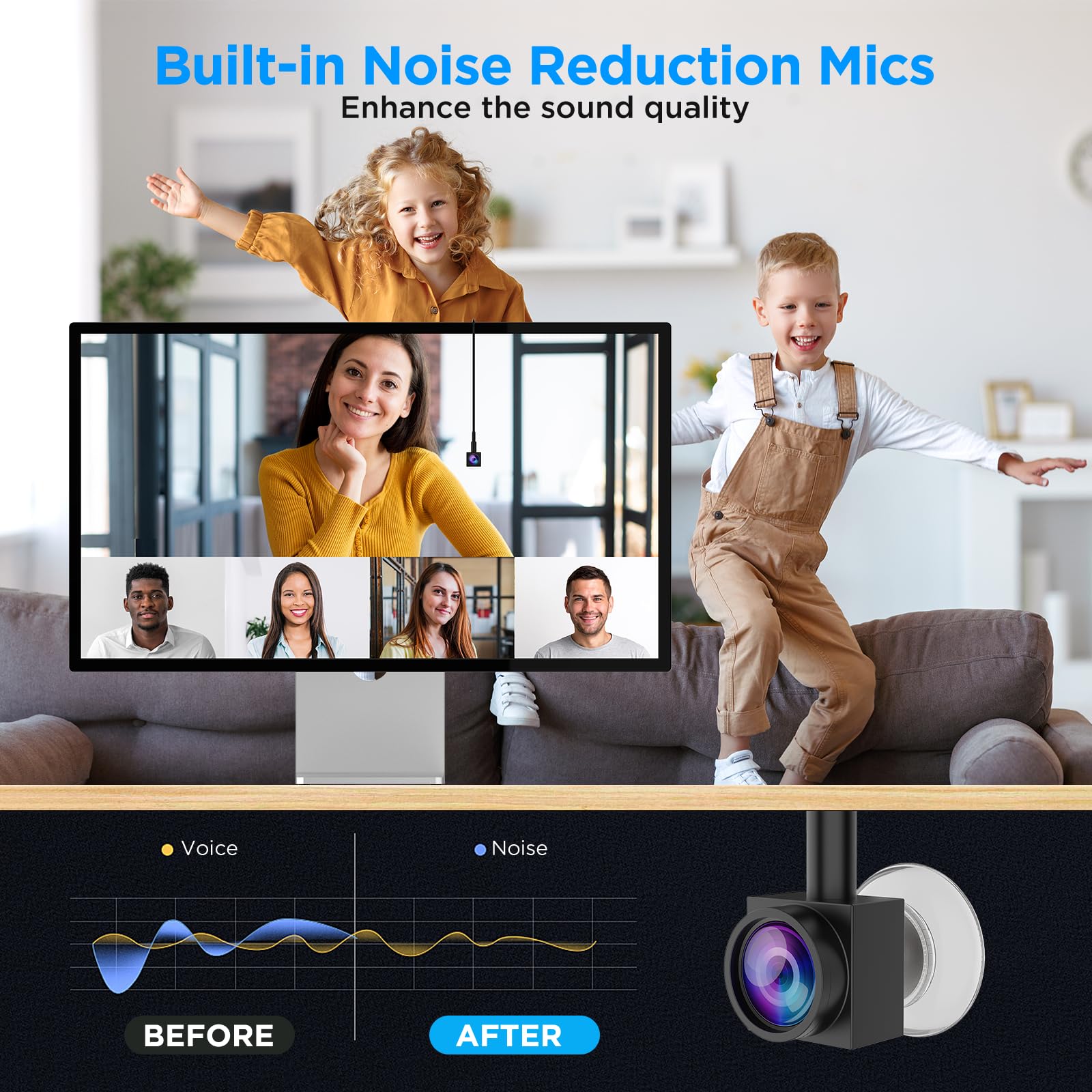 Uyissykia Eye Contact Webcam 1080P Auto Focus with Suction Cup of Center Screen, Web cam with Noise-Cancelling Microphone for PC and Laptop,Plug & Play USB Webcam for Zoom/Teams/Streaming — view 4