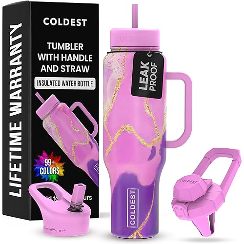 Coldest Tumbler with Handle and Straw - 100% Leak Proof Insulated Tumbler with Lid and Straw (3 Lids) - Stainless Steel Tumblers for Women & Men - Cup Holder Friendly Base, 46 oz (Princess Luna)