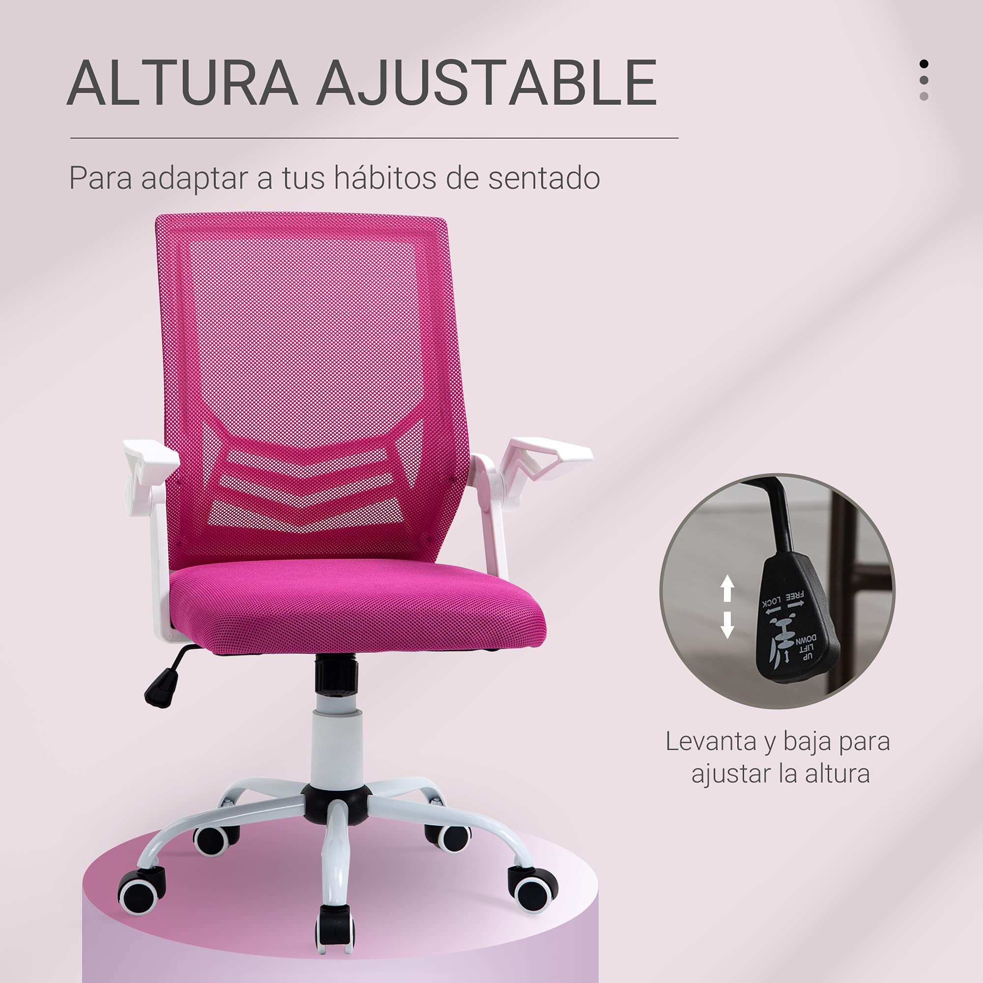 Vinsetto Silla de Oficina Ergonómica Giratoria 62,5x55x94-104 cm Rosa | Silla Escritorio, Altura Ajustable, Reposabrazos Abatible, Soporte Lumbar Transpirable, para Adolescentes Adultos
