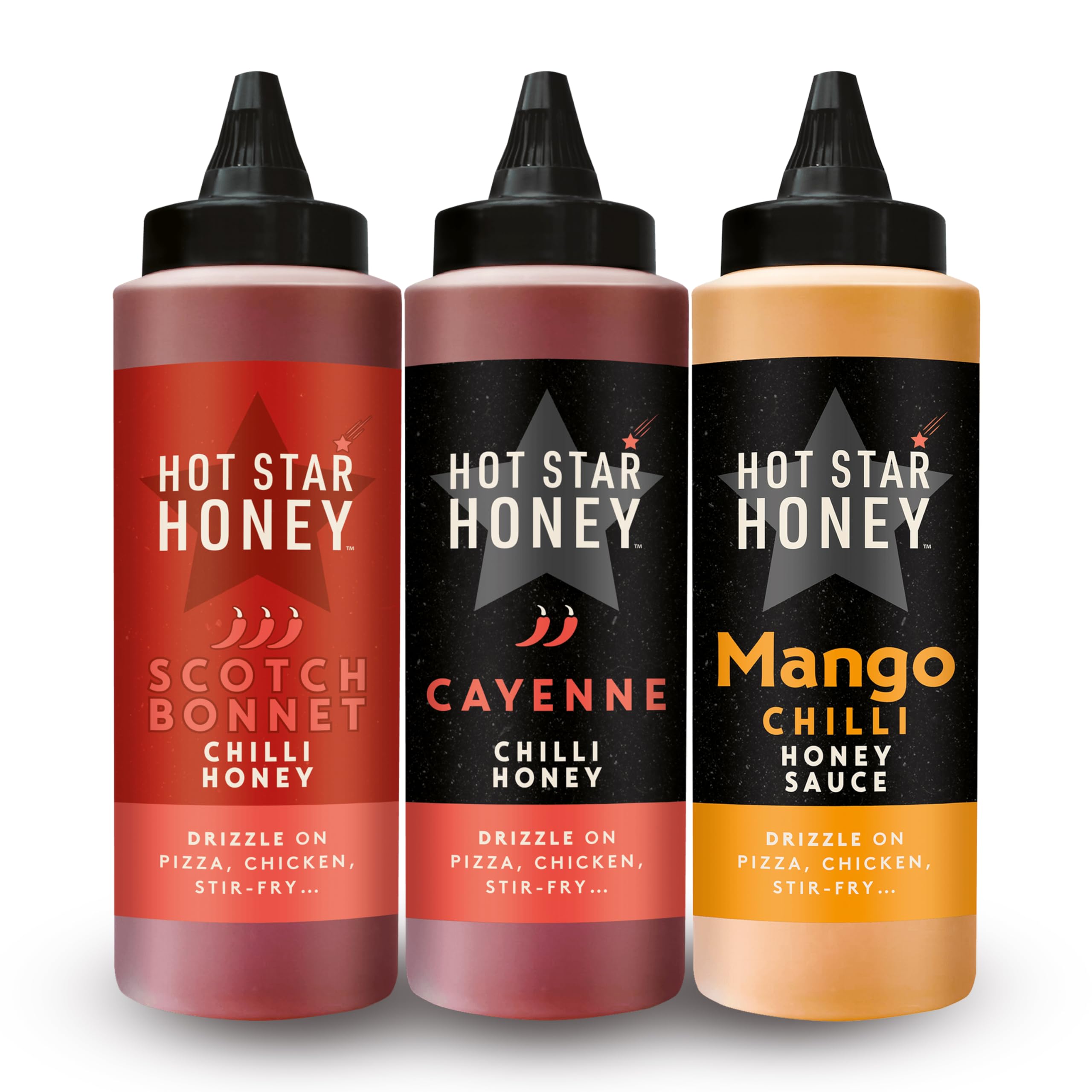 Hot Honey Gift Set – Includes Scotch Bonnet, Cayenne Chilli & Mango Chilli Honey Sauce – 100% Natural, No Additives – Best for Chicken, Pizza, Steak & Noodles – Made in UK – 1060g