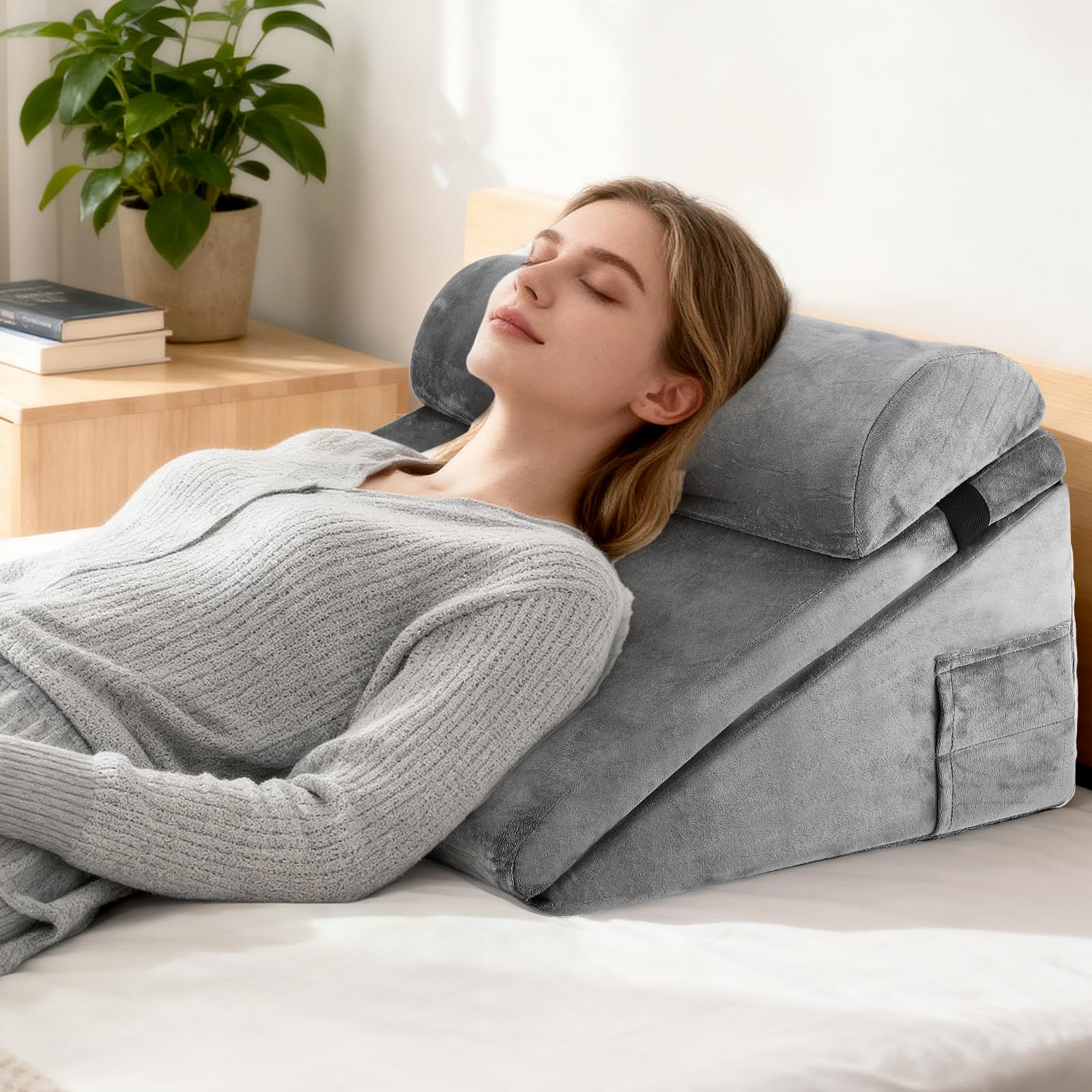 Cuscino inclinato per letto, cuscino tTriangolare in Memory di forma per apnea del sonno, cuscino da lettura per apnea del sonno, reflusso acido, elevazione delle gambe, grigio