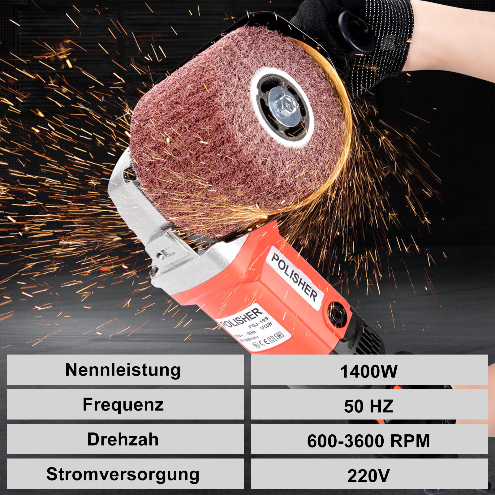 HYCHIKA 1400W Satiniermaschine, Bürstenschleifer zur Renovierung von Oberflächen, Holz Renovierungsschleifer 8 Gänge Variabler Drehzahlbereich 600-3600RPM, Metall Schleifmaschine Bürstmaschine
