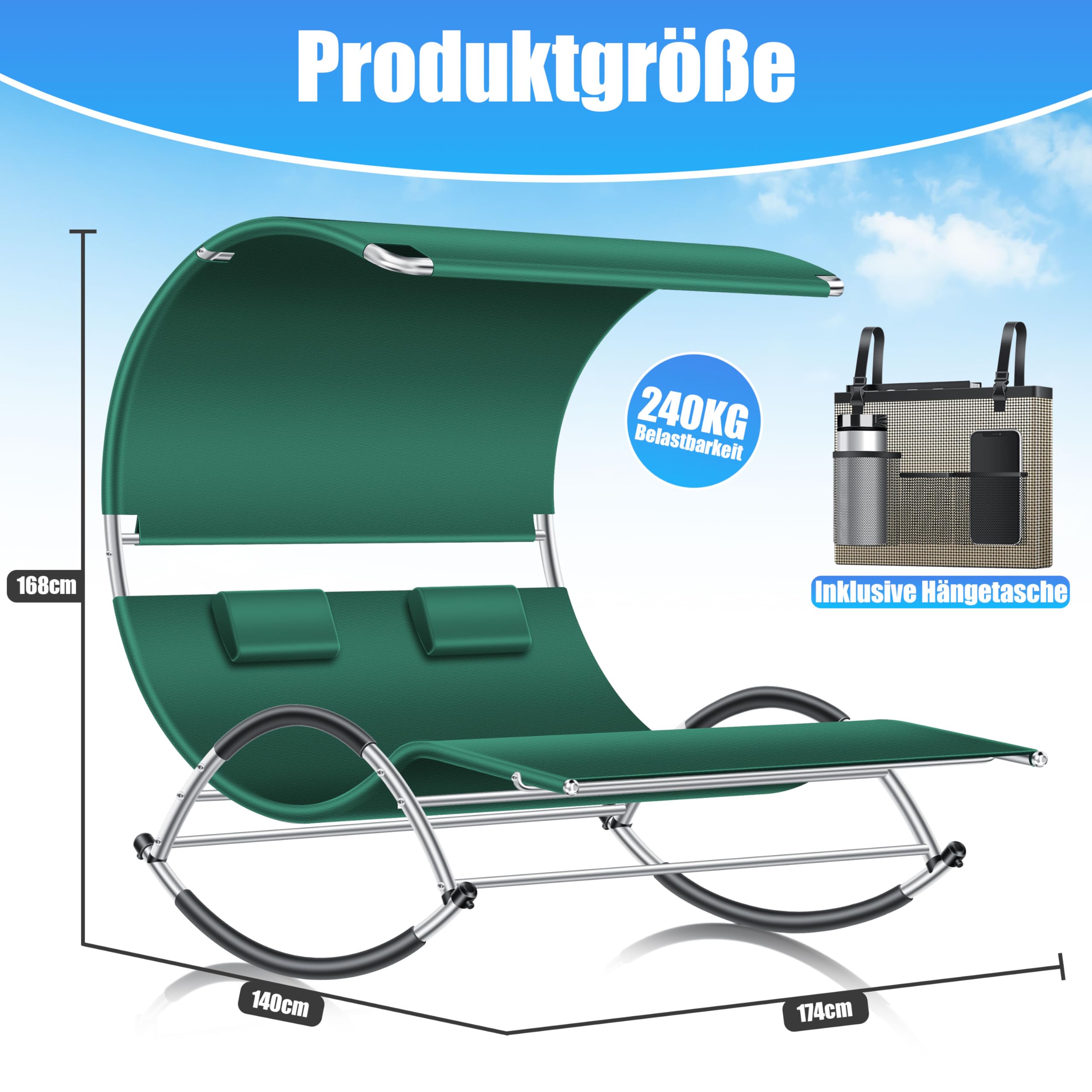Chaise Longue Double KESSER Avec Toit Solaire - 2 Places, Jardin, Balancelle, 240kg