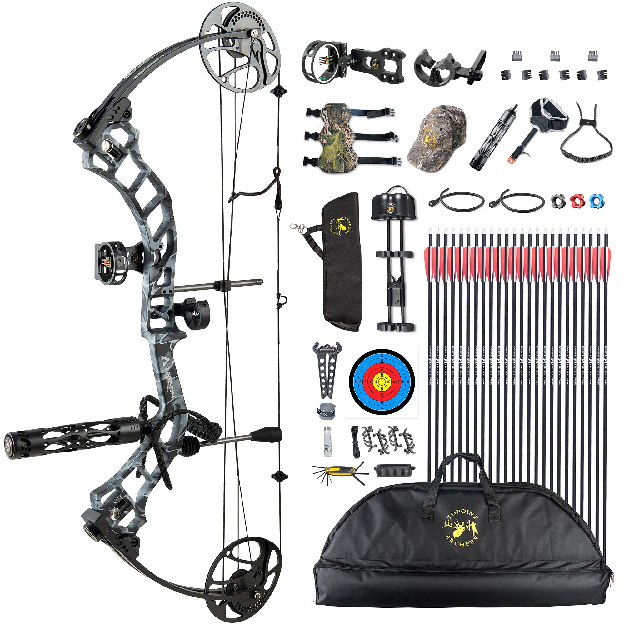 Topoint Trigon Compound Bow Full Package,CNC Milling Riser,USA Gordon Composites Limb,BCY String,19"-30" Draw Length,19-70Lbs Draw Weight,IBO 320fps