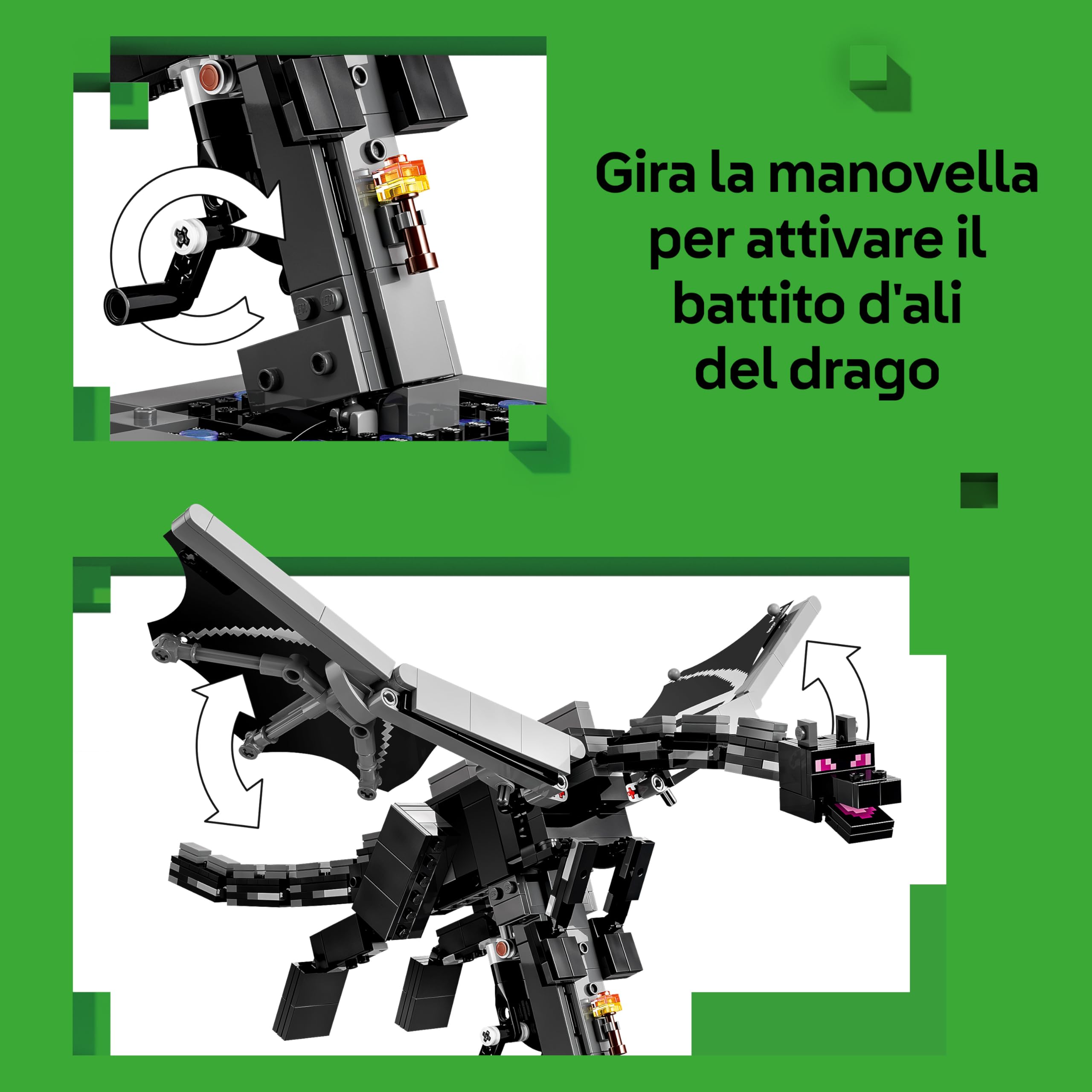 LEGO Minecraft Drago dell'End - Giocattolo Interattivo con Ali Mobili e Supporto a Forma di Portale d'Uscita - Decorazione Cameretta - Regalo per Gamer, Bambini e Bambine da 10 Anni in su - 21595