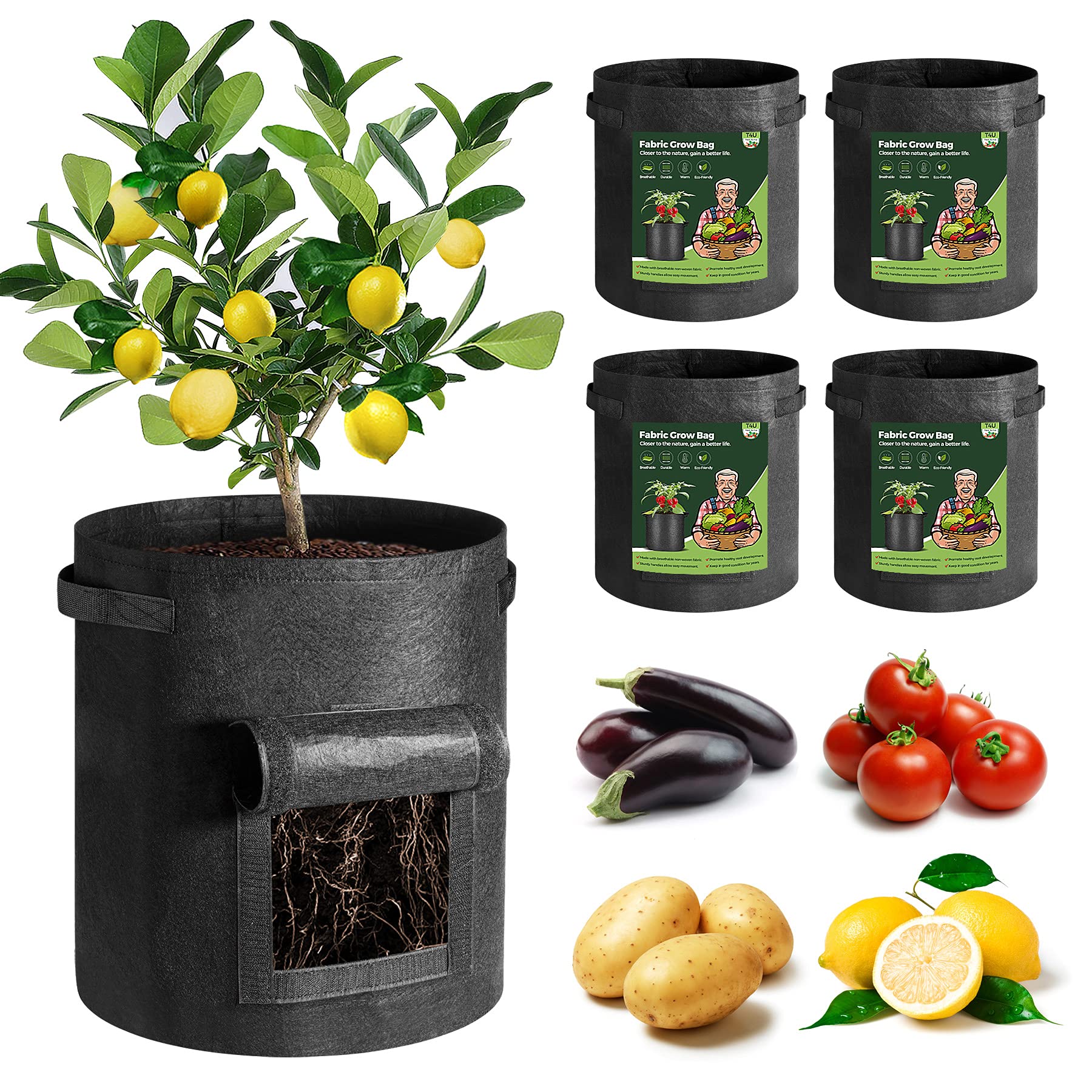 T4u 5 Bolsas de plantación de Patatas, 10 galones con Asas, Bolsa de plantación Duradera y Transpirable, Bolsa de Cultivo Reutilizable para Potates, Tomates y más