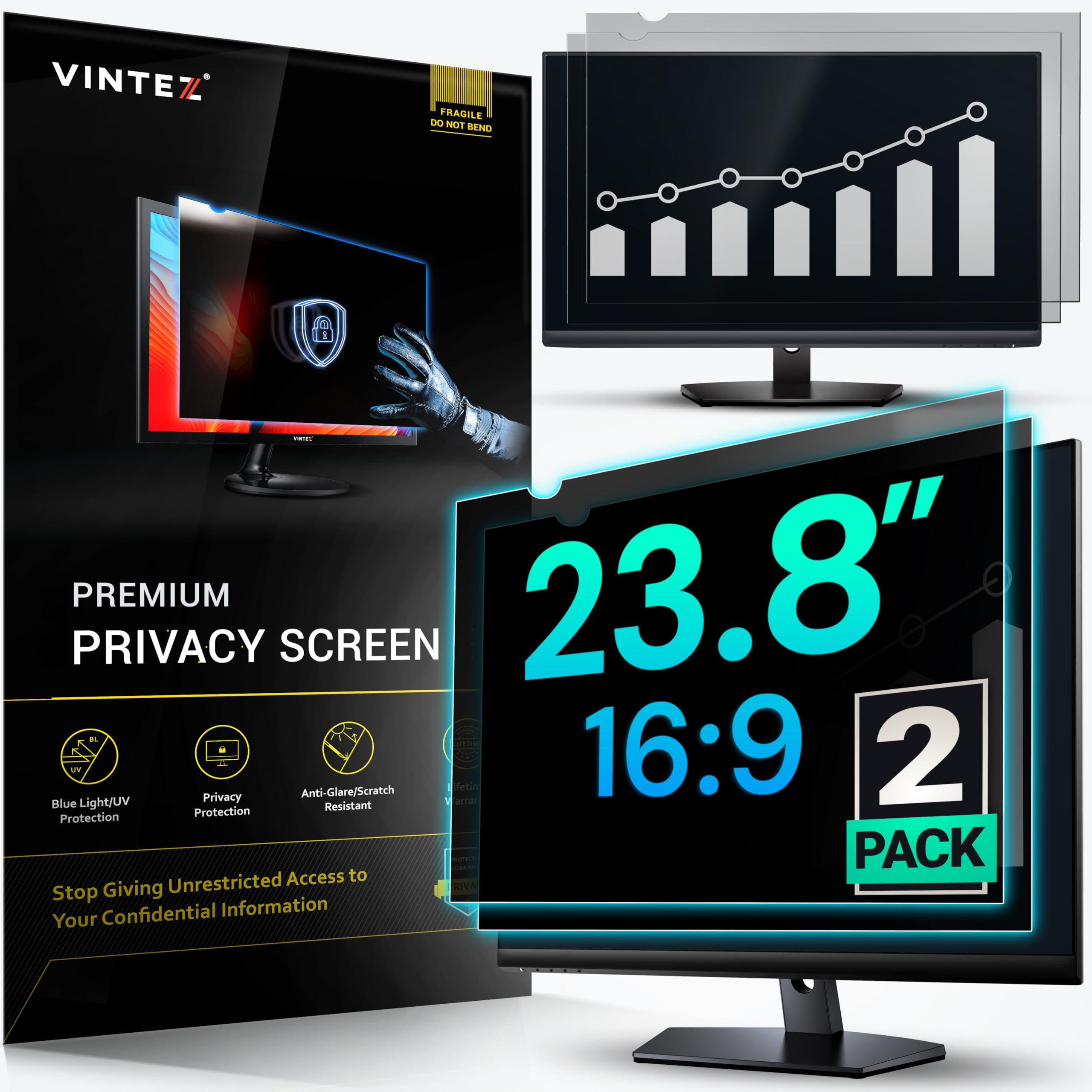 VINTEZ 23.8 Inch 16:9 Privacy Screen for Computer Monitor and Laptop - Anti Glare Protector Film Blue Light Filter Eye Protection - Computer Screen Privacy Shield, 2 Pack