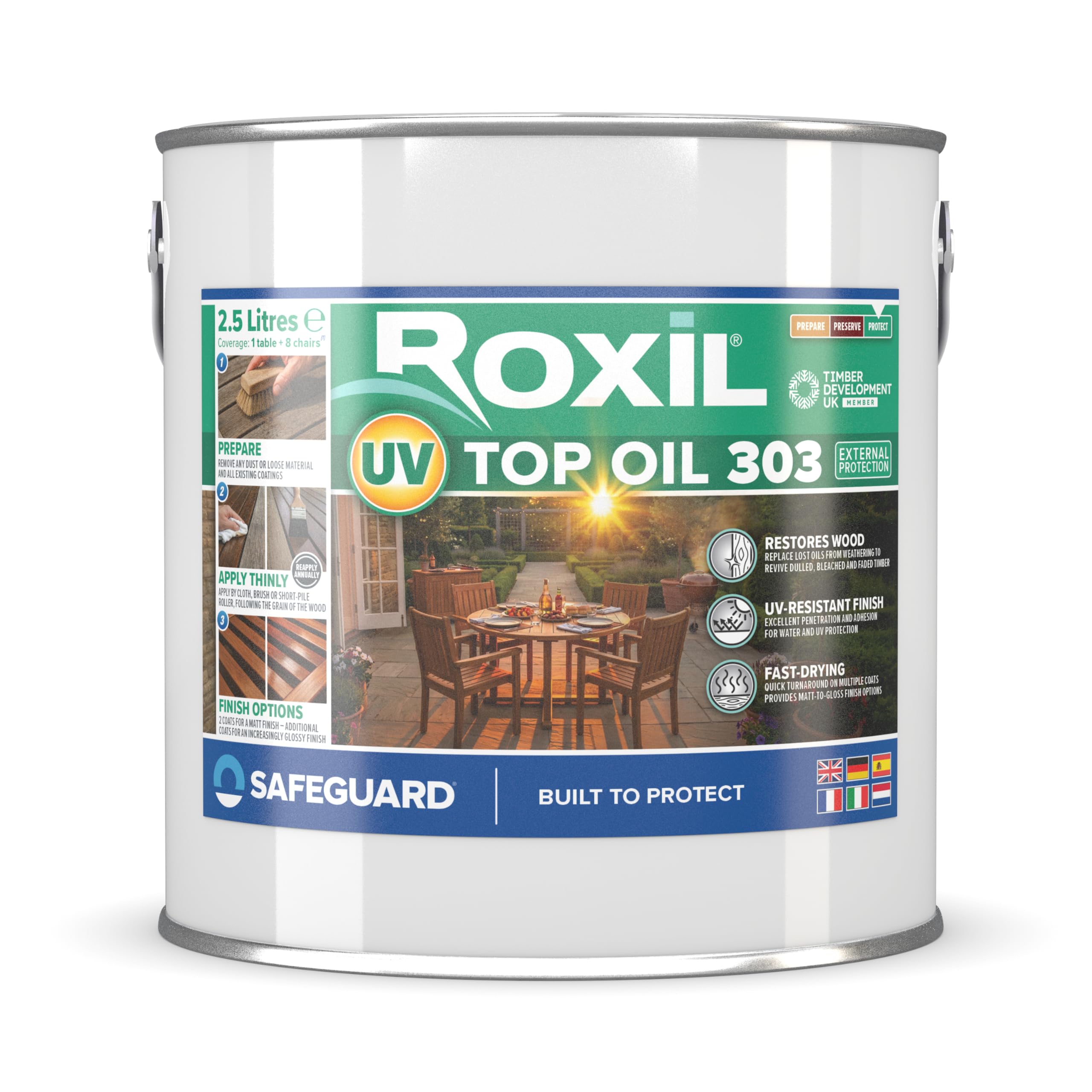 Roxil UV Olio per Legno - Olio per Legno da Esterno - Pronto all'Uso Resistente ai Raggi UV, Impregnante Impermeabilizzante per Legno da Esterno, Cura del Legno Esterno