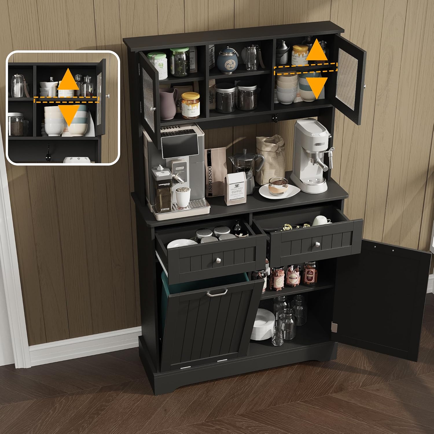 KIGOTY 68" Kitchen Pantry Storage Cabinet, Freestanding Cupboard with Tilt Out Trash Holder,Tall Storage Cabinet with Doors and 2 Drawers for Kitchen (Black)