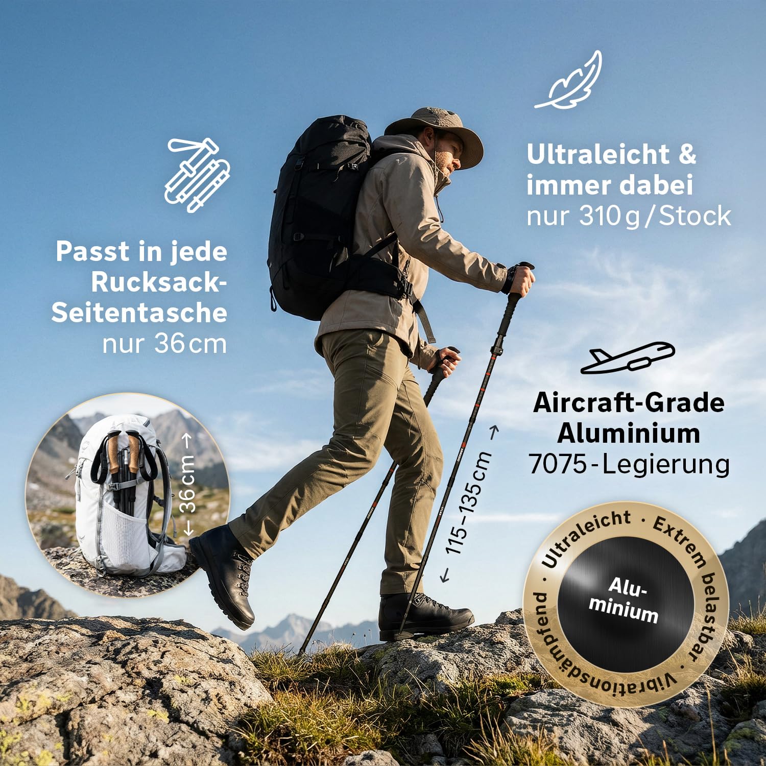Bastones de senderismo plegables de carbono y aluminio (solo 240 g/295 g) con mango de corcho | Bastones de trekking ultraligeros y ajustables sin niveles, para marcha nórdica, 115-135 cm/100-120 cm, para hombre y mujer