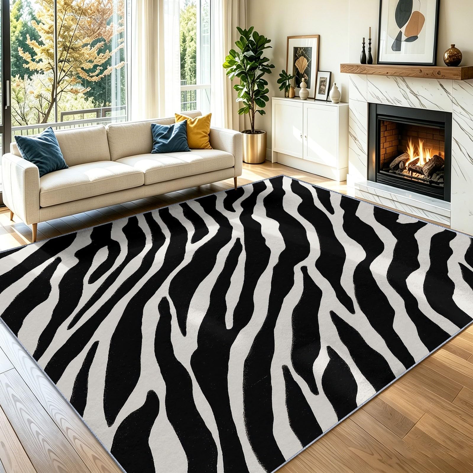 Tapis salon zèbre 60x90 cm noir et blanc lavable pour décorer un bureau