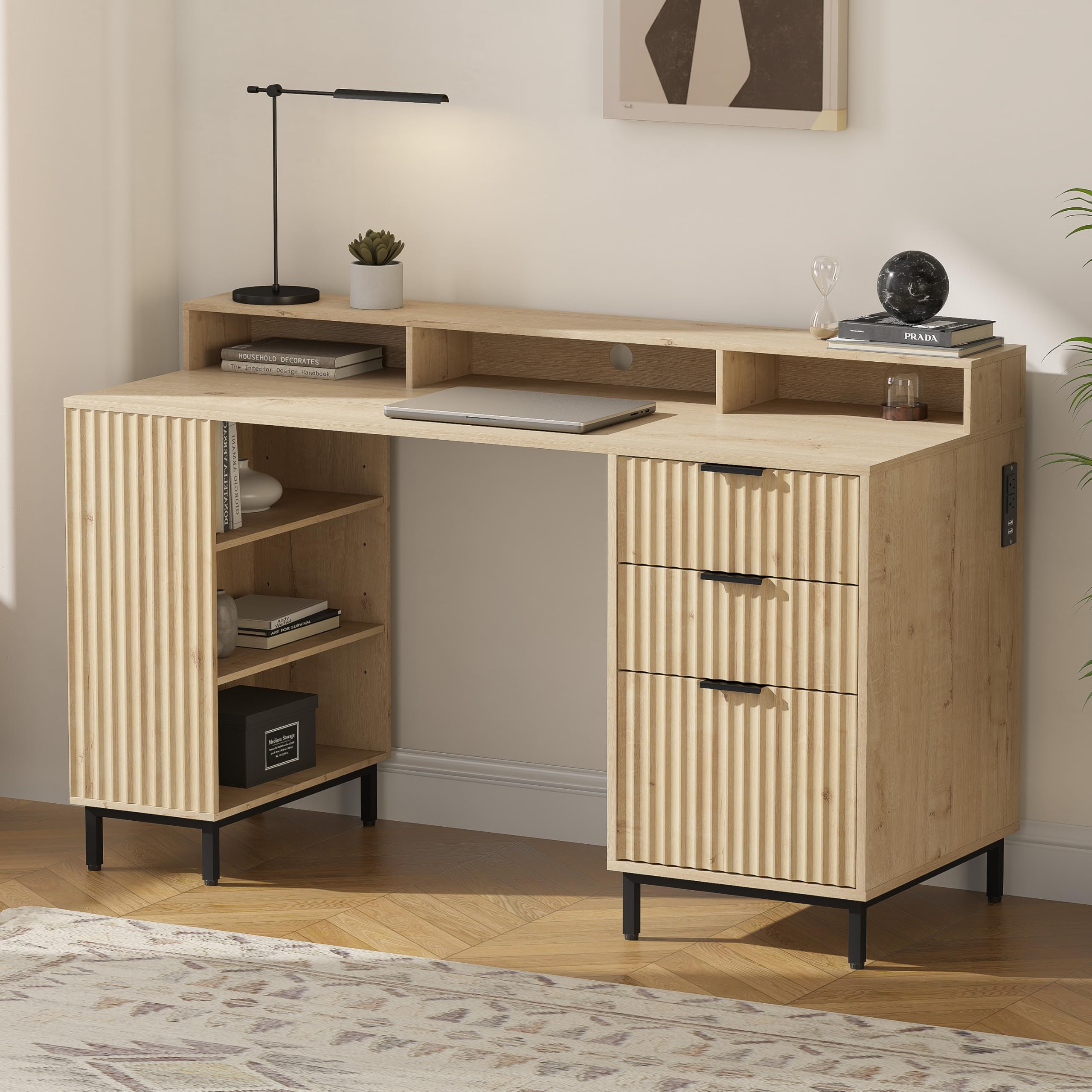 EYYTHUNG 55" Fluted Executive Desk with Charging Station, Modern Wood Home Office Desk with with Storage Shelf & File Drawer, Writing Study Computer