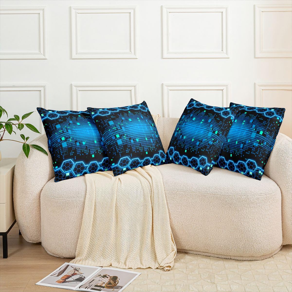 Paquete de 4 fundas de cojín hexagonales de panal de abeja azul neón, 45 x