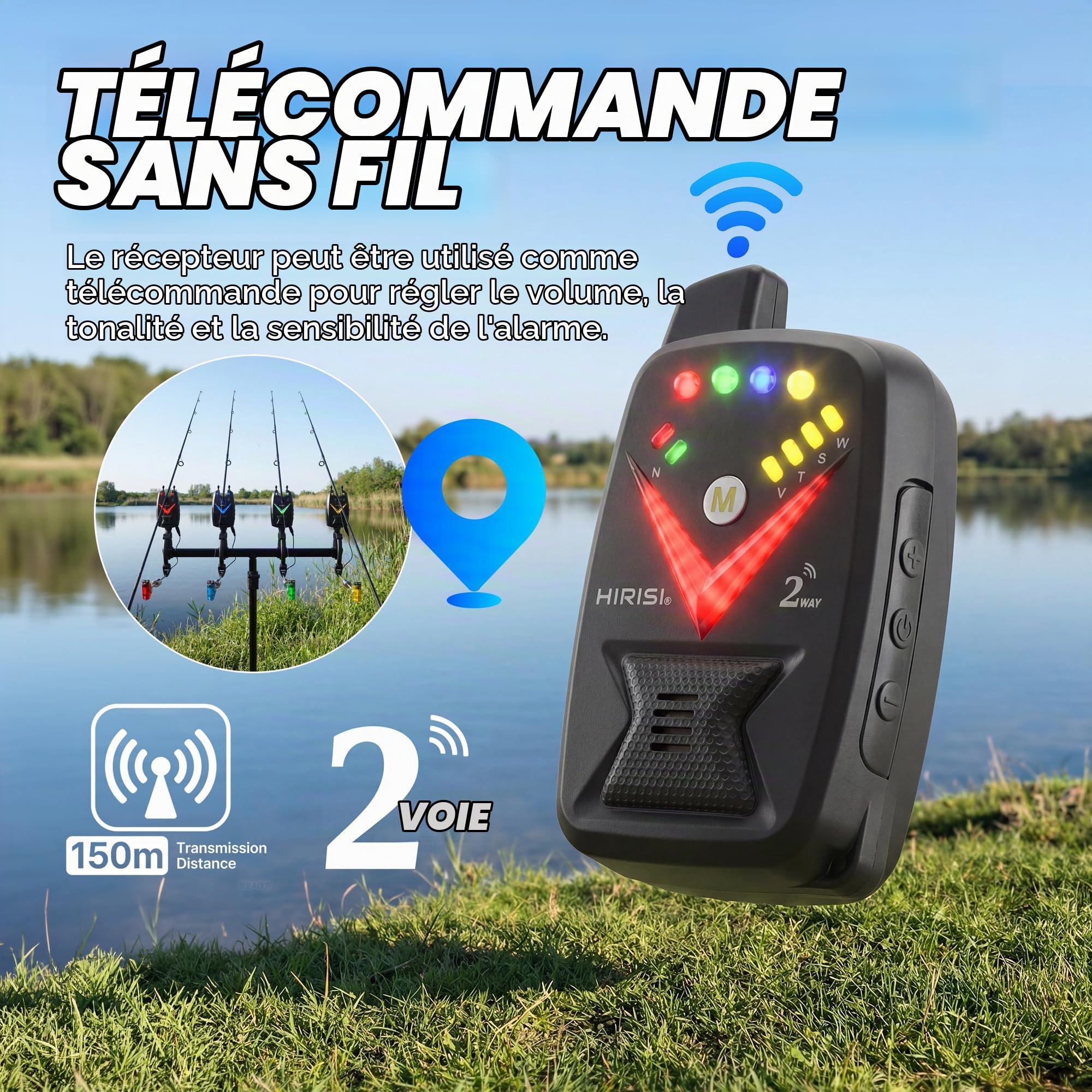 Hirisi Tackle Kit de détecteurs de touche pour carpe avec récepteur radio, qui sert également de télécommande, veilleuse et antivol - Sensibilité de pêche, volume et son réglables.