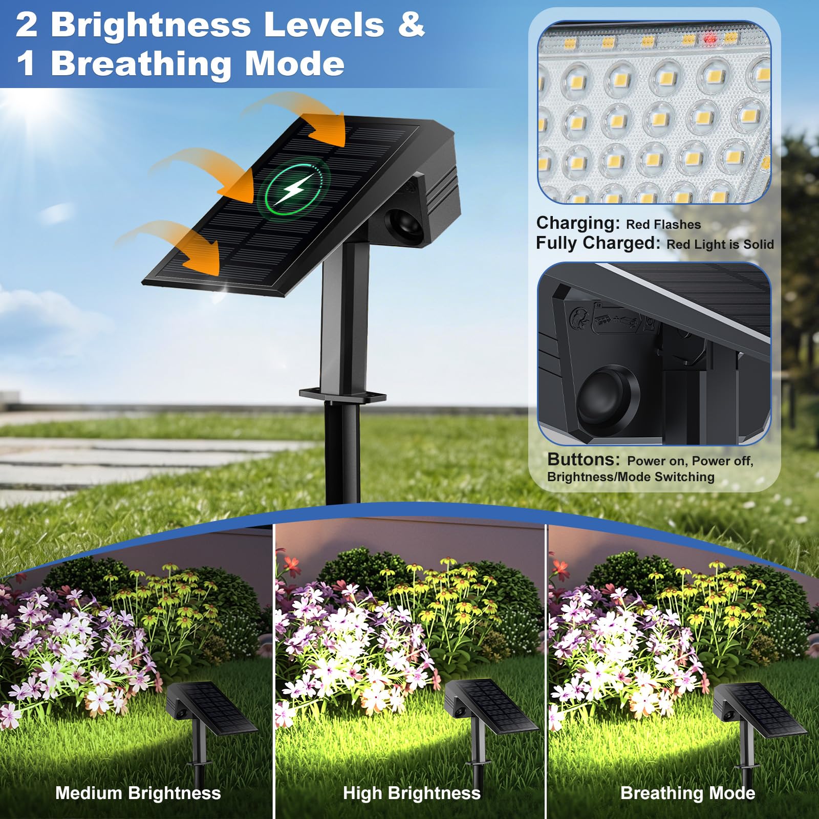 FIFlying Faretti Solari da Esterno 2 Pezzi, 44 LED Faretti Solari a LED da Esterno, 3 Modalità IP67 Impermeabile Lampade da Giardino per Cortile, Patio, Vialetto, Alberi - Bianco Freddo - 4