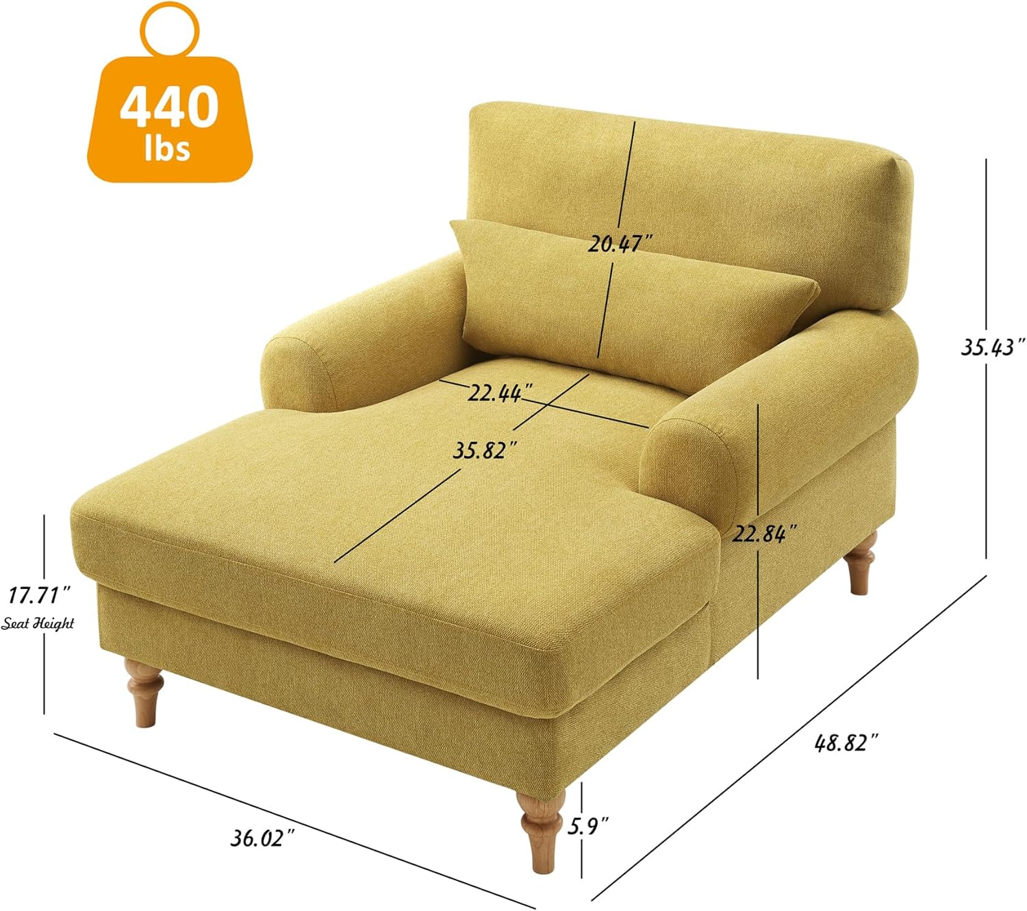 Modern Chaise Lounge Chair with Adjustable Backrest, Upholstered Indoor Leisure Sofa Recliner, Oversized Accent Chair Deep Seat Reading Armchair for Living Room, Bedroom, Office, Yellow