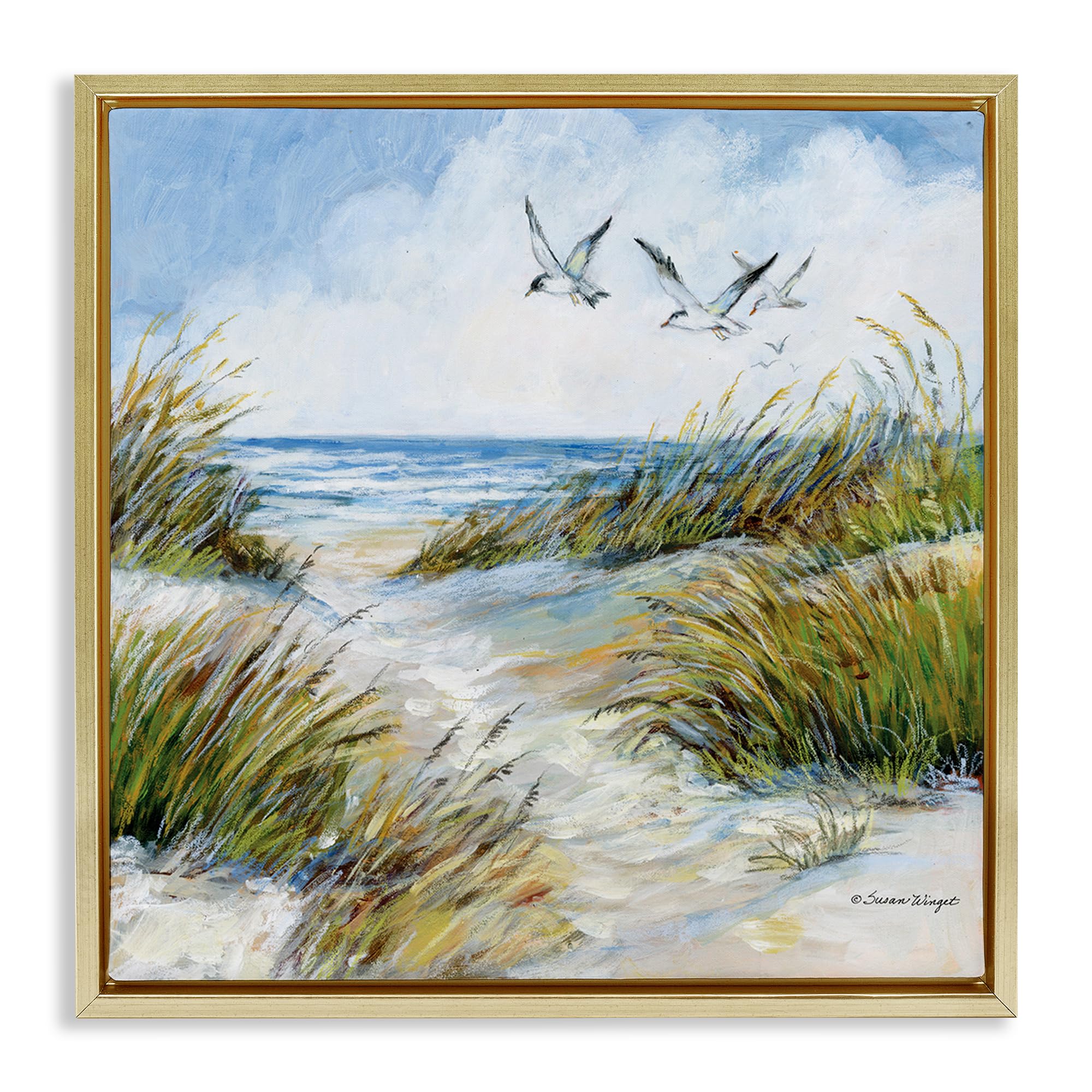 Stupell Industries Beach Dunes Seagulls In Flight 'Beach Path Seagulls Overhead', Floating Frame Canvas Art, Gold, 25 X 25 Inches, Easy To Hang And Sturdy, Made In Usa, By Susan Winget