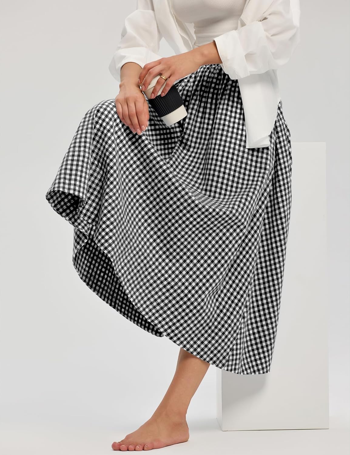 LOMON Midi Skirts for Women A-Line Cotton Flowy Maxi Skirt Boho Summer Beach Casual Elastic Waist Dress Outfit with Pockets - Image 2