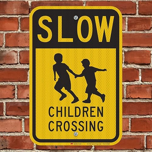 Miniatura 4 de SmartSign - K-5198-HI-12x18 "Slow - Children Crossing" Letrero | 12" x 18" 3M Aluminio Reflectante de Alta Intensidad Negro sobre Amarillo
