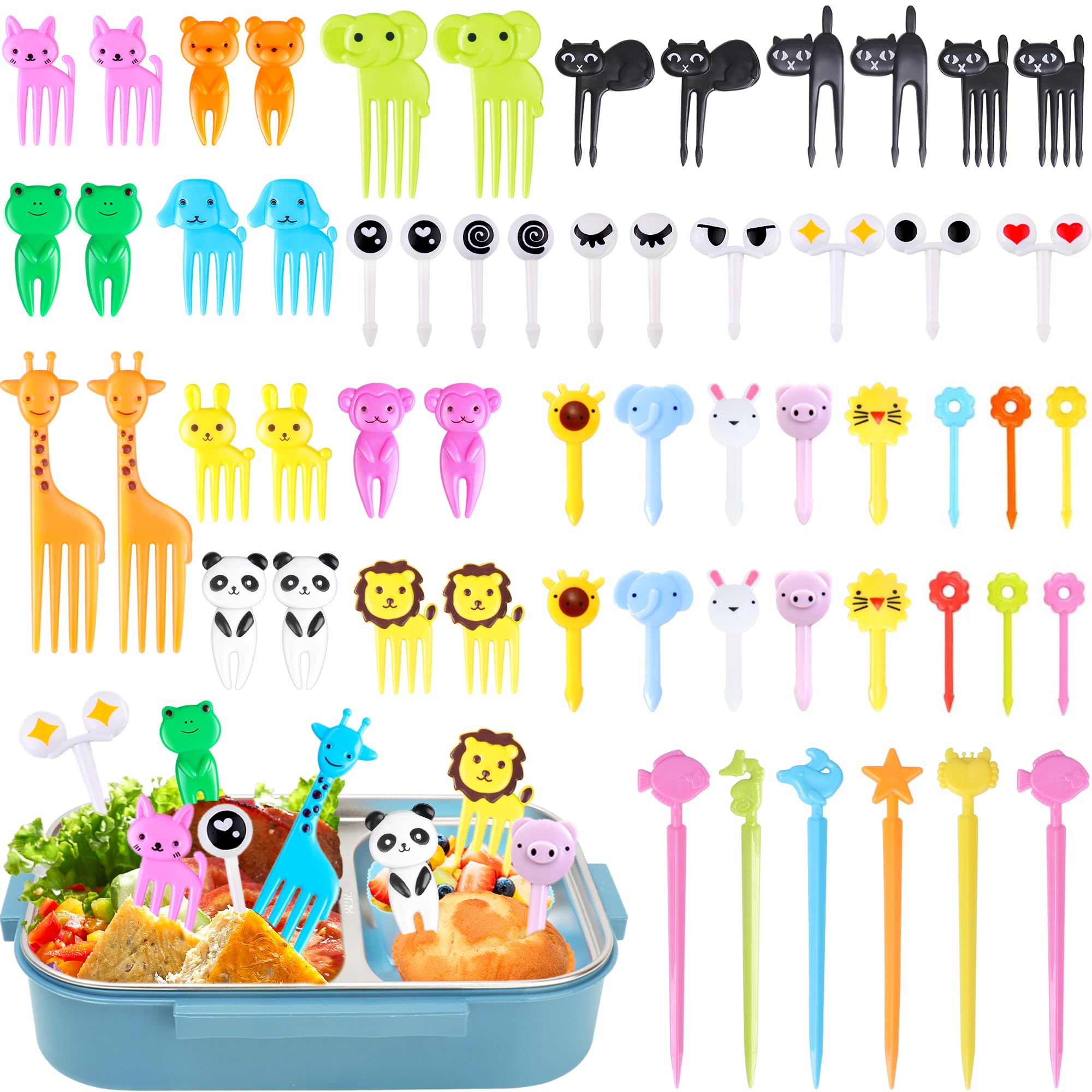156PCS Animal Food Picks for Kids Bento Box Accessories, FATLODA Fun Kid Food Picks, Cute Fruit Toothpicks for Kids Lunch Accessories, Reusable Lunchbox Pick for Kid Toddler colorful