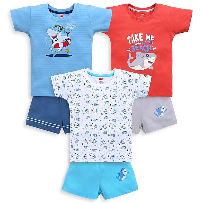 LuvLap Baby Boys Cotton Printed Regular 100% Half Sleeves T-Shirts & Shorts Set Pack of 3