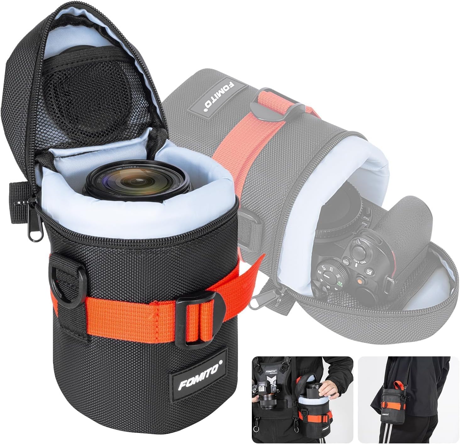 FOMITO M Size Water-Resistant Camera Lens Pouch Bag - Shockproof Protective Case with Mesh Pocket, Compatible with Canon EF-S 17-55mm, Nikon AF-S 18-200mm, Fujifilm XF 56mm & Lenses Under 3.94"x6.1"