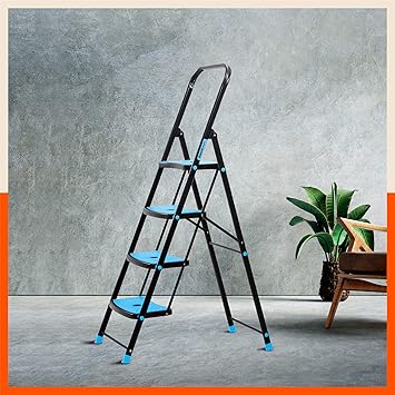 Bathla Boost Rhino 4-Step Foldable Steel Ladder for Home with Anti-Slip Steps (Black + Blue)