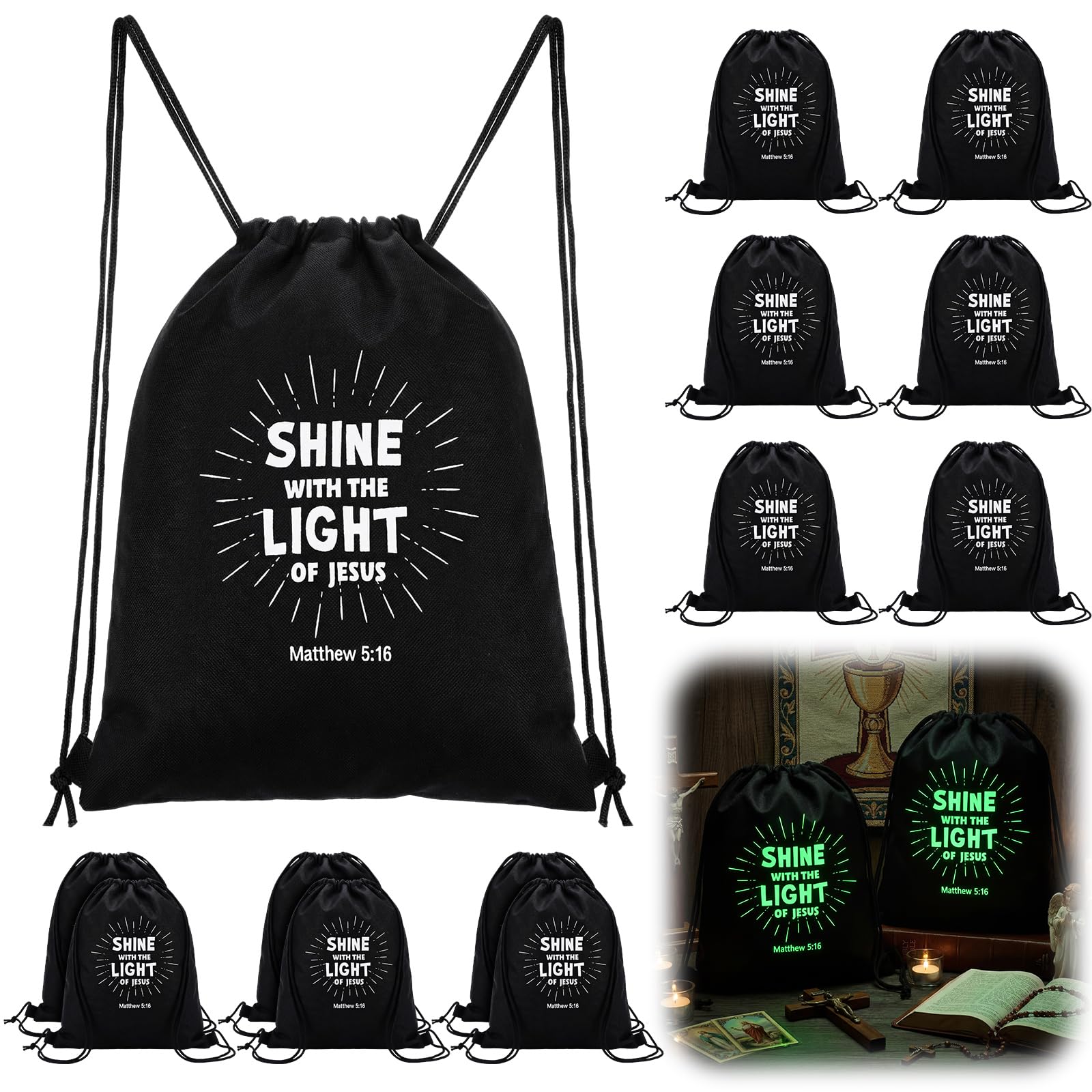 18 Pcs Shine with The Light of Jesus Drawstring Backpacks Bulk