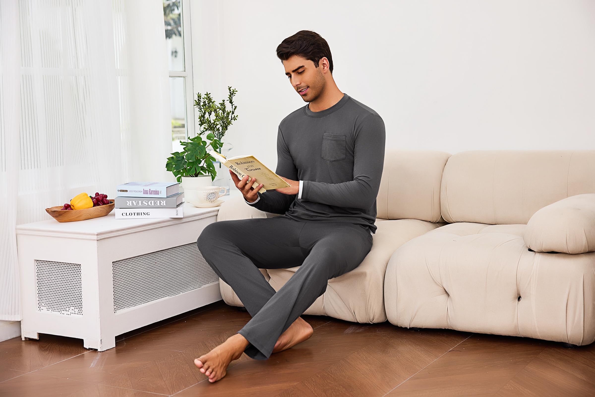 Litherday Pigiama Uomo Invernale Cotone Lungo Pajamas Due Pezzi Maniche Lunghe Pantaloni Lunghi Pigiami Morbido Loungewear con Tasche