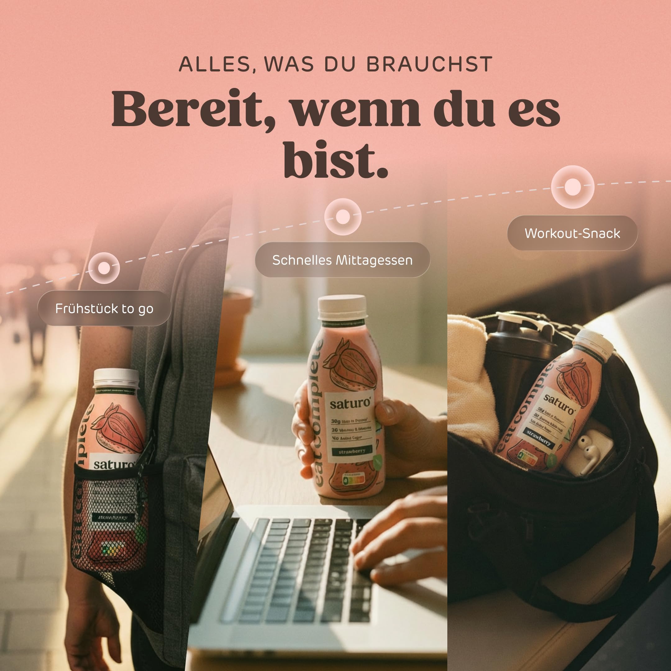Saturo Astronautennahrung Strawberry | Trinkmahlzeit | 36 g Protein, zuckerfrei, 400 kcal | Trinknahrung Mit Wertvollen Nährstoffen | 6 x 400 ml