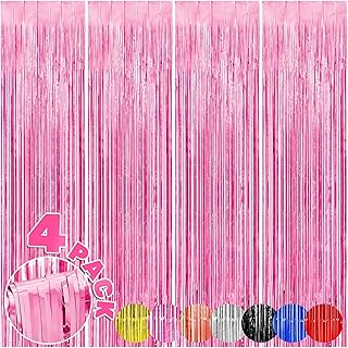 4-Pack Backdrop for Party Decorations, Foil Fringe Backdrop Curtains, Tinsel Streamers for Birthday Party Decorations, Pink Backdrop Curtains for Girl Graduation Unicorn Mermaid Disco Princess Parties