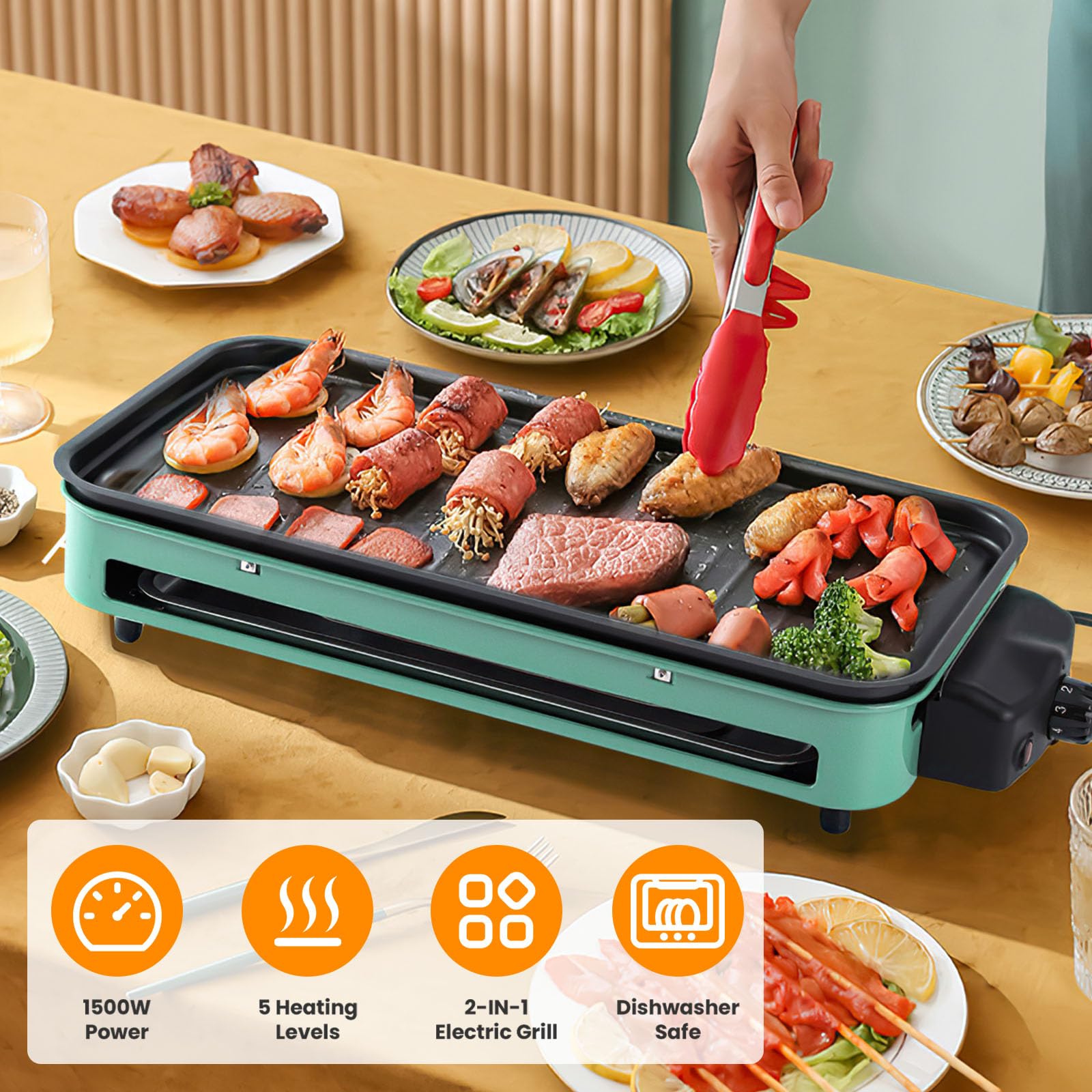 1500W Electric Indoor Grill,2 in 1 Portable Smokeless Indoor Raclette Table Grill,Korean BBQ Grill for Kitchen with Grill Net & Non-Stick Cooking Removable Plate 5 Temperature Control,Dishwasher Safe
